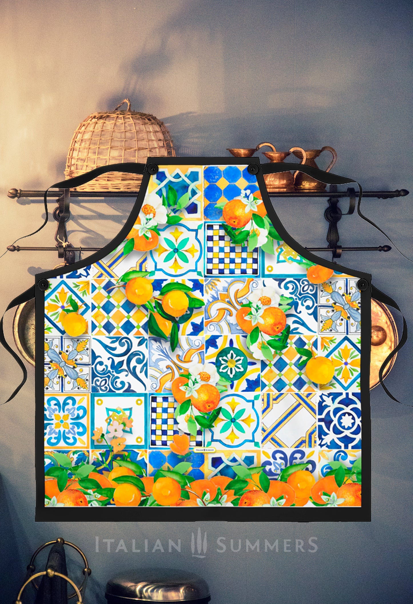 Italy-inspired apron decorated with bright, sunny  and colorful tiles reminiscent of the Amalfi Coast . All decorated with bundles of oranges with blooms.  A must-have for anyone who loves Italy.