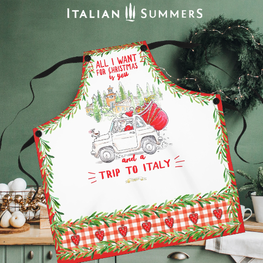Festive Italian Christmas apron worn in kitchen with holiday décor