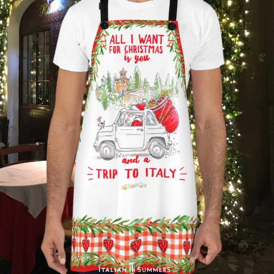 talian Christmas kitchen gift apron with festive design and Fiat 500 Santa