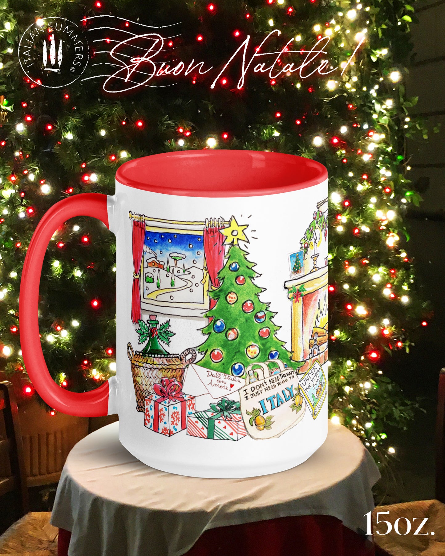 An Italy-inspired ceramic 15 0z. mug with a design of a vintage FIAT 500 car, loaded with gifts dashing through the snow, airline tickets to Italy, traditional Italian Christmas food, a fireplace with garlands, and a n array of presents .