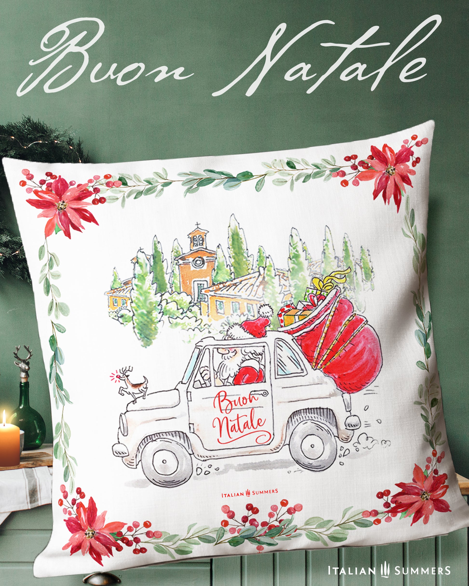 Festive Italy-themed pillow-case and of Babbo Natale driving his vintage Fiat 500 through the Italian countryside!  Designed by Italian Summers