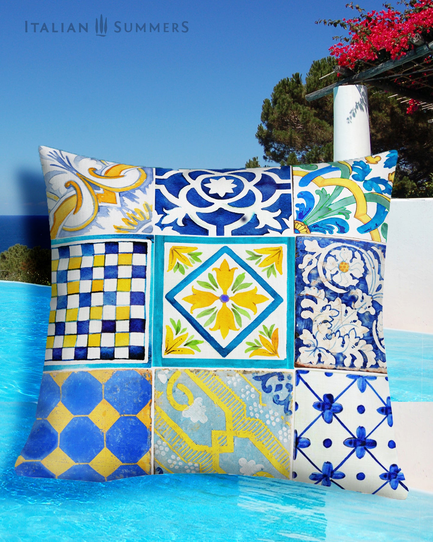 Italy inspired pillow cover with a print of 9 Italian maiolica tiles in the colors blue, white and yellow. The tile in the middle has the text 'I don't need therapy, I just need to go to Italy". Printed on 2 sides. Made by Italian Summers