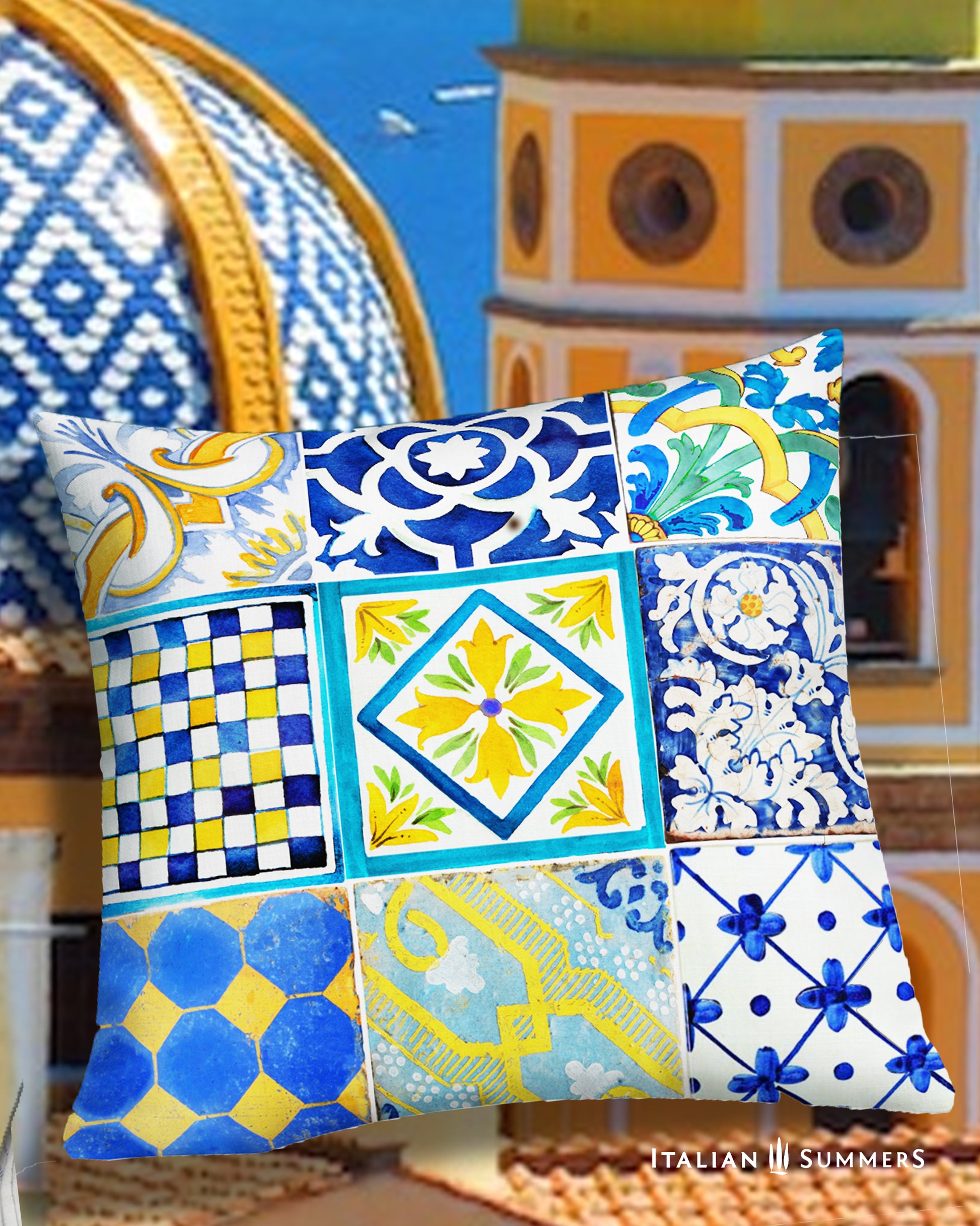 Italy inspired pillow cover with a print of 9 Italian maiolica tiles in the colors blue, white and yellow. The tile in the middle has the text 'I don't need therapy, I just need to go to Italy". Printed on 2 sides. Made by Italian Summers