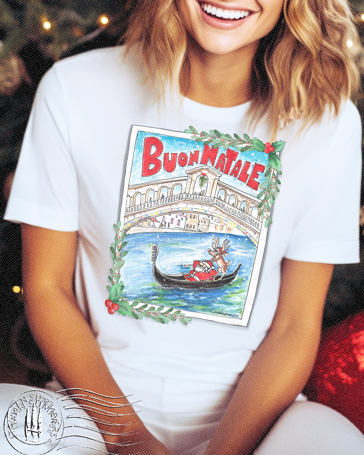 Italy Christmas T shirt Buon natale Venice, Santa in a gondola by the Rialto bridge in Venice, Italy gift. Italy