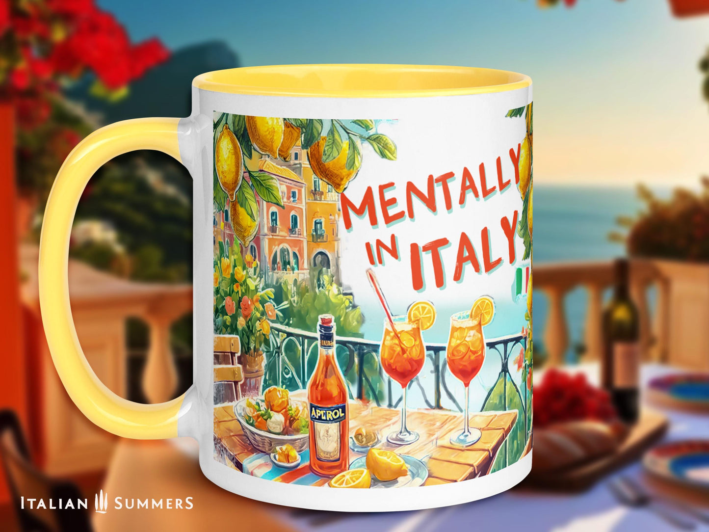 A ceramic mug featuring an illustrated Amalfi Coast view with Aperol Spritz glasses and a bottle of Aperol on a table. The text reads "Mentally in Italy, Sipping a Spritz", with an option to customize the phrase. A perfect gift for Italy lovers and travel enthusiasts.