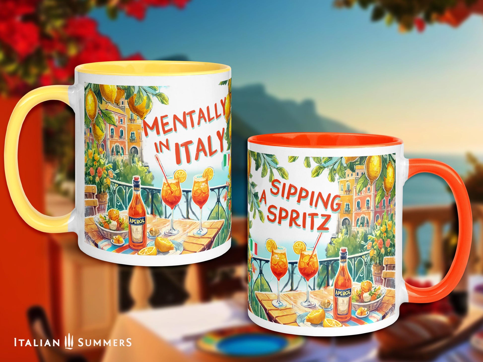 A ceramic mug featuring an illustrated Amalfi Coast view with Aperol Spritz glasses and a bottle of Aperol on a table. The text reads "Mentally in Italy, Sipping a Spritz", with an option to customize the phrase. A perfect gift for Italy lovers and travel enthusiasts.