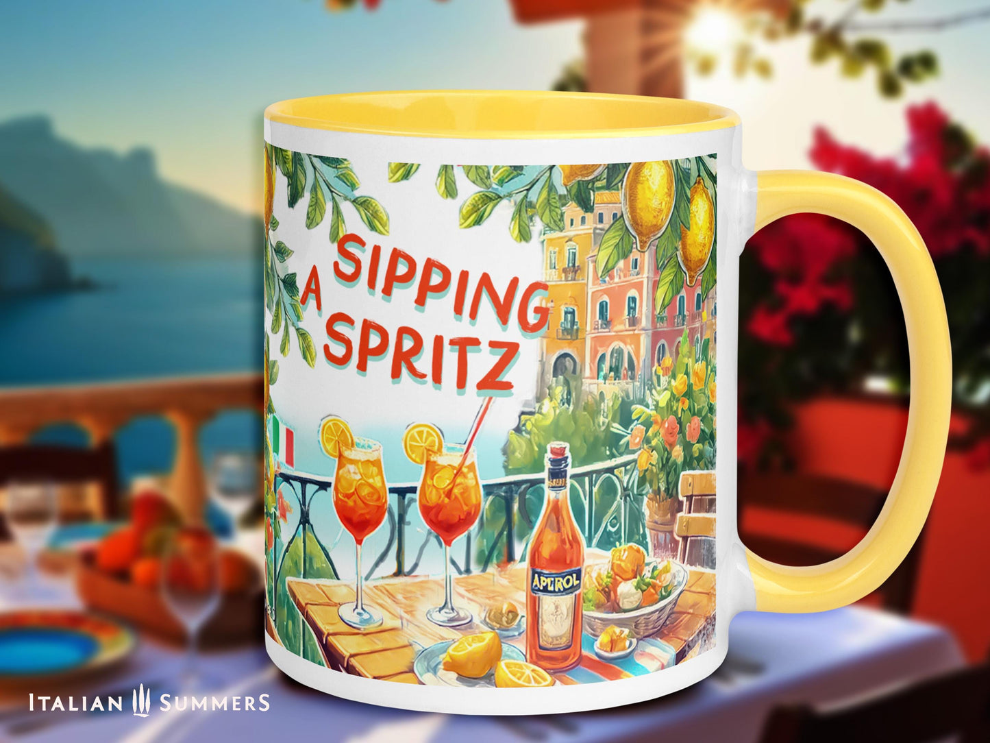 A ceramic mug featuring an illustrated Amalfi Coast view with Aperol Spritz glasses and a bottle of Aperol on a table. The text reads "Mentally in Italy, Sipping a Spritz", with an option to customize the phrase. A perfect gift for Italy lovers and travel enthusiasts.