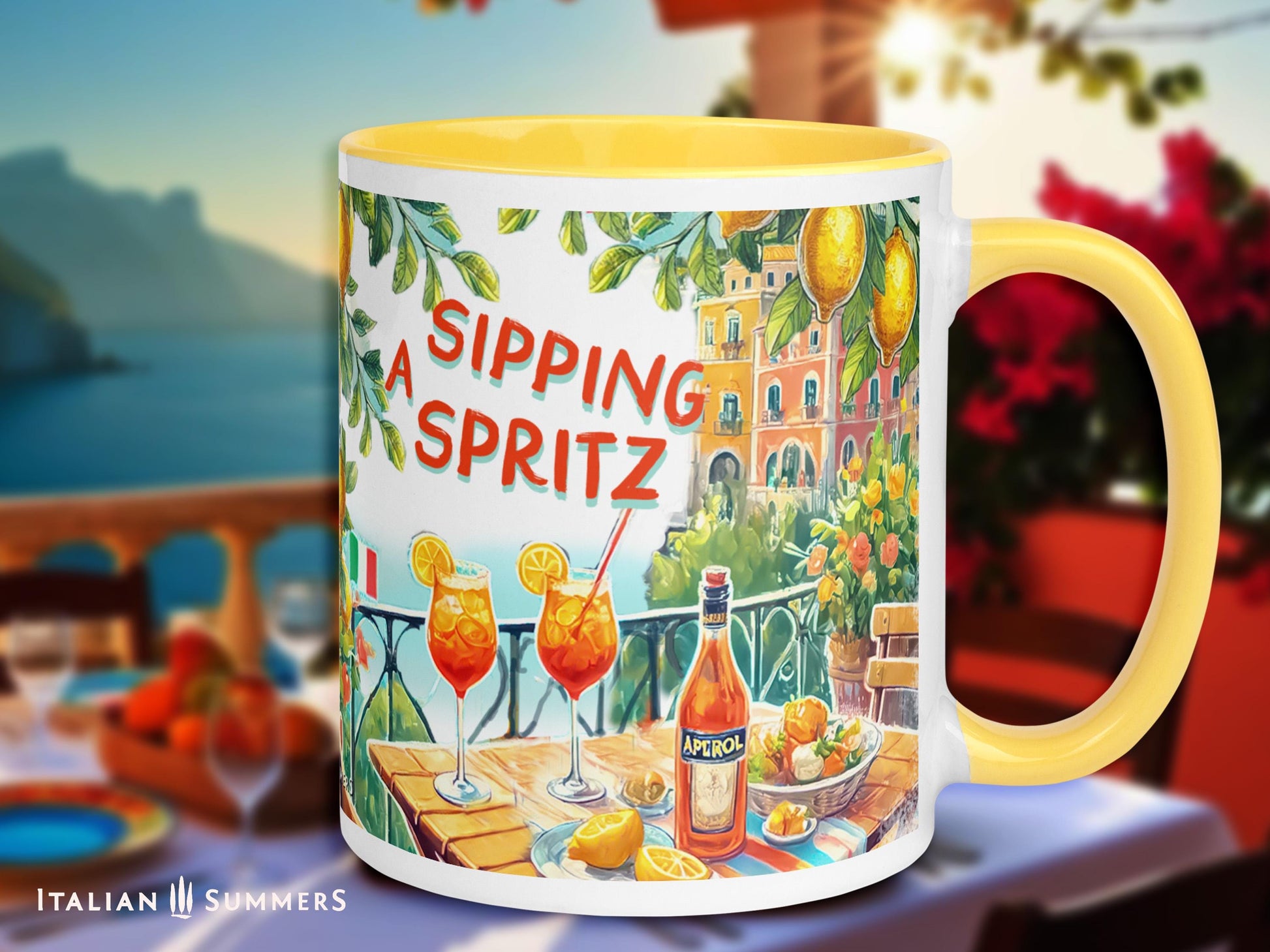 A ceramic mug featuring an illustrated Amalfi Coast view with Aperol Spritz glasses and a bottle of Aperol on a table. The text reads "Mentally in Italy, Sipping a Spritz", with an option to customize the phrase. A perfect gift for Italy lovers and travel enthusiasts.