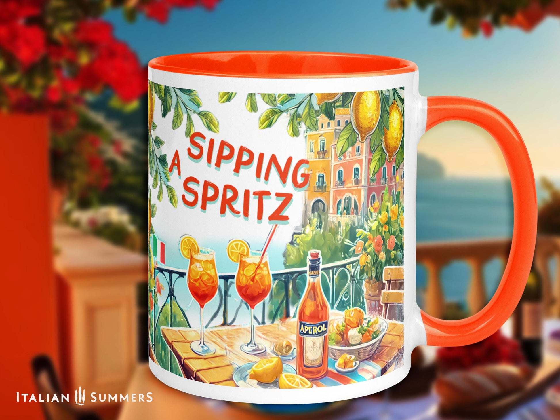 A ceramic mug featuring an illustrated Amalfi Coast view with Aperol Spritz glasses and a bottle of Aperol on a table. The text reads "Mentally in Italy, Sipping a Spritz", with an option to customize the phrase. A perfect gift for Italy lovers and travel enthusiasts.