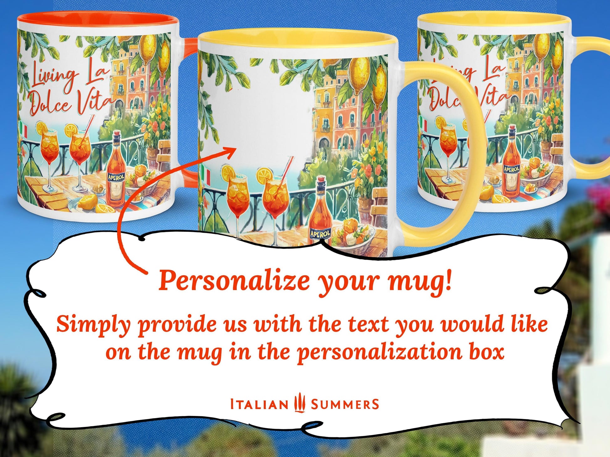A ceramic mug featuring an illustrated Amalfi Coast view with Aperol Spritz glasses and a bottle of Aperol on a table. The text reads "Mentally in Italy, Sipping a Spritz", with an option to customize the phrase. A perfect gift for Italy lovers and travel enthusiasts.