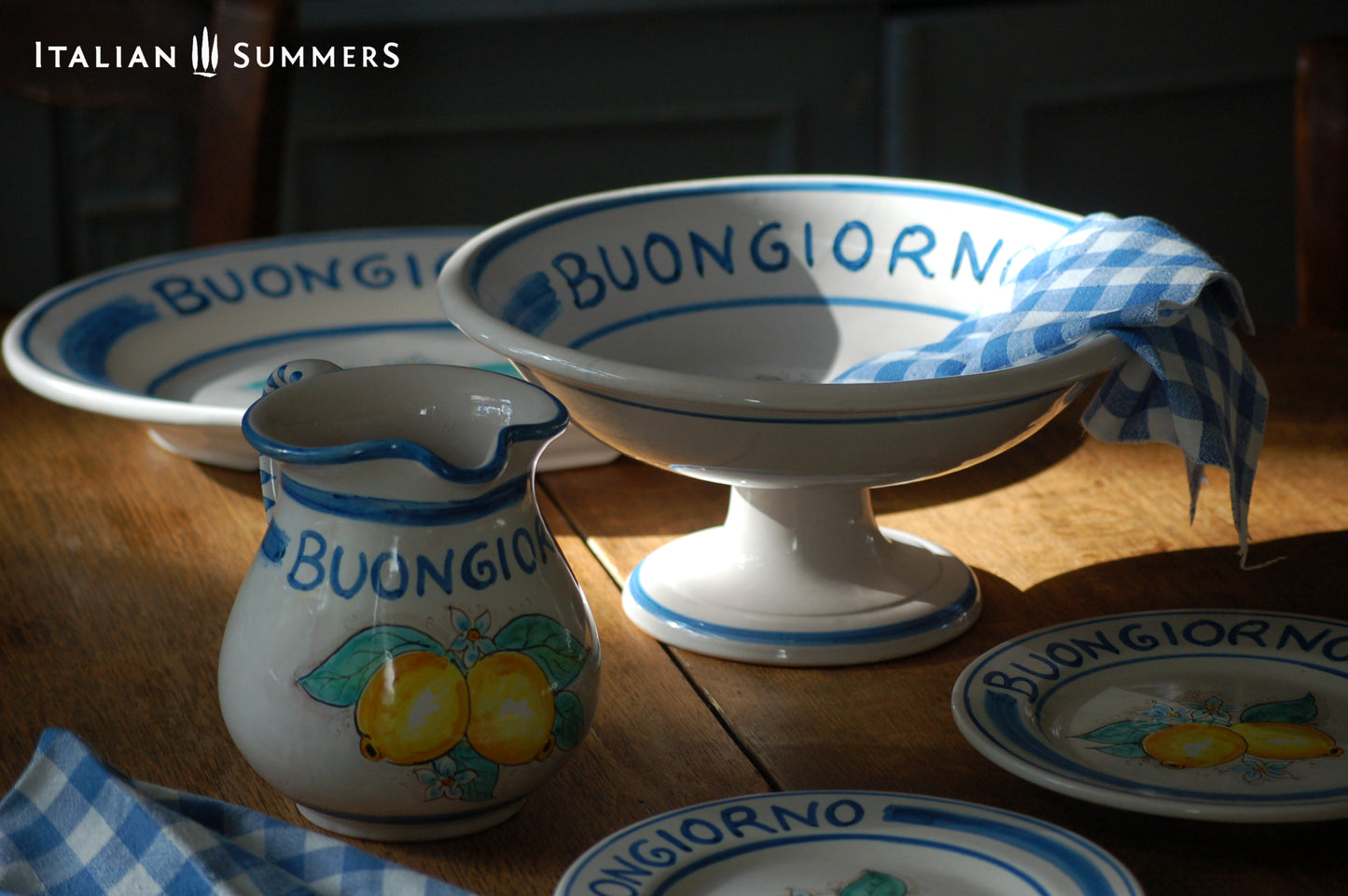 Italy ceramic fruit stand with Amalfi Coast lemons and the greeting Buongiorno . Hand painted in Sicily. Designed and sold by Italian Summers