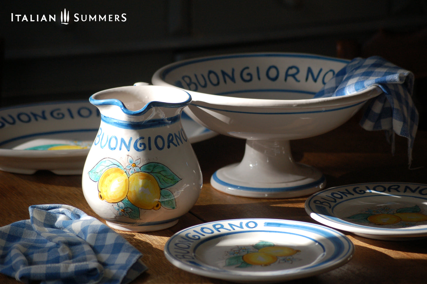 Italy ceramic fruit stand with Amalfi Coast lemons and the greeting Buongiorno . Hand painted in Sicily. Designed and sold by Italian Summers