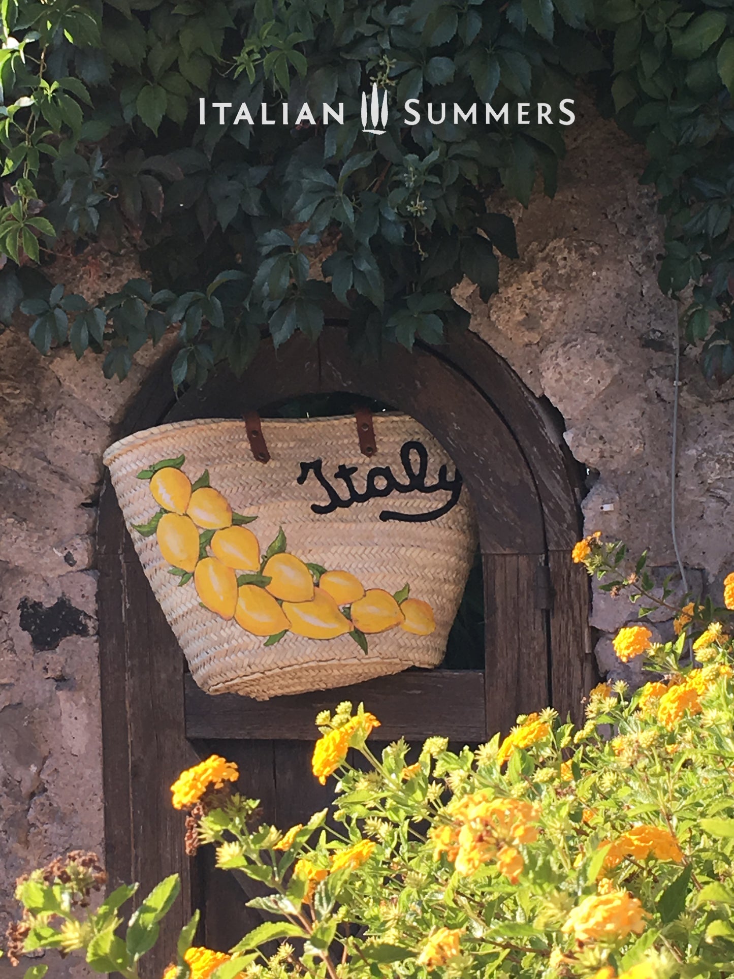 This large straw bag ITALY LEMONS with hand-painted Amalfi lemon appliques and an embroidered "Italy" quote. Designed and sold by Italian summers This straw bag is made to order.