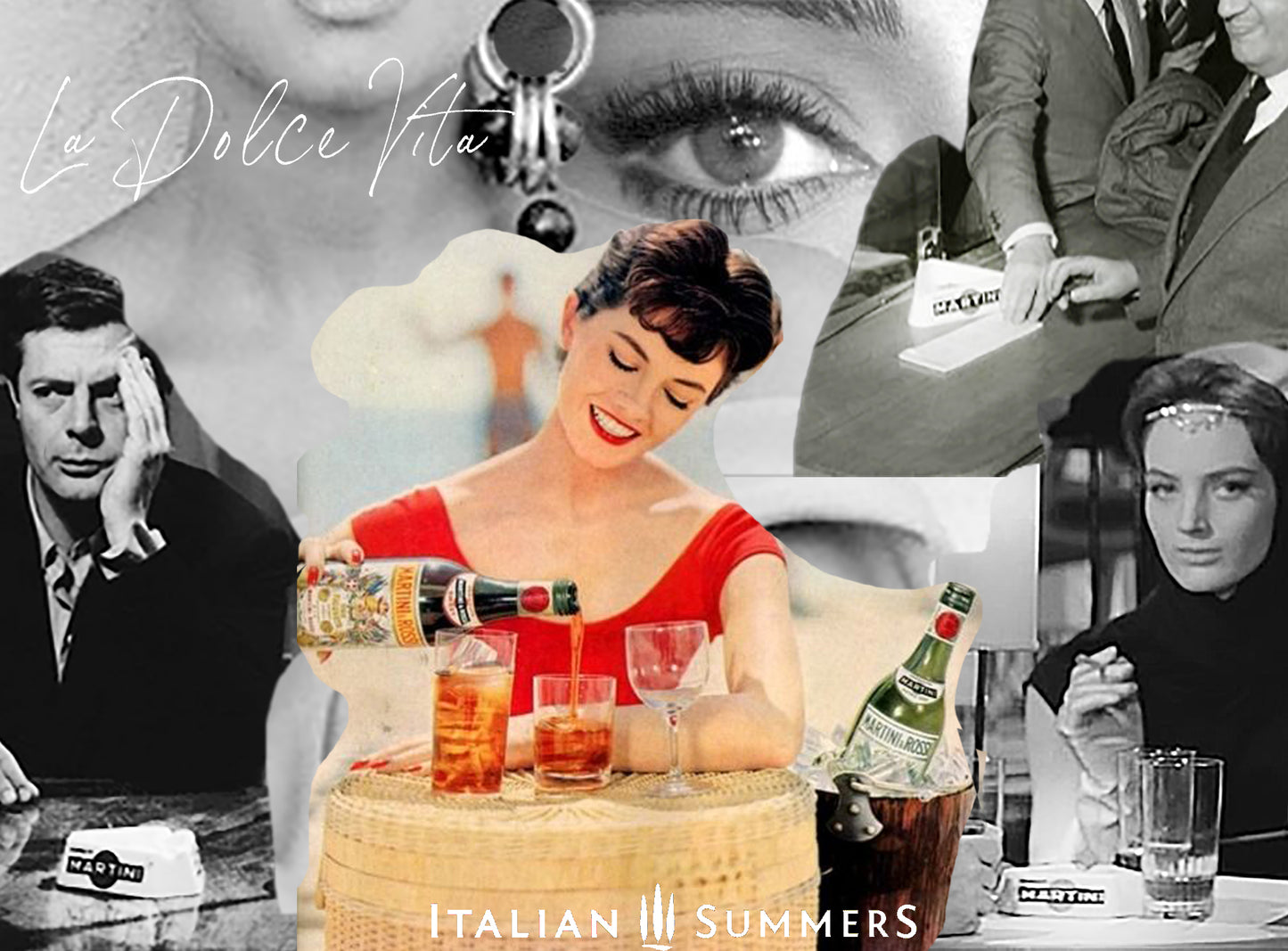 Collage of vintage-style images with a woman in a red dress pouring a Martini Rosso onto a mixed drink, text 'La Dolce Vita' and 'Italian Summers'.