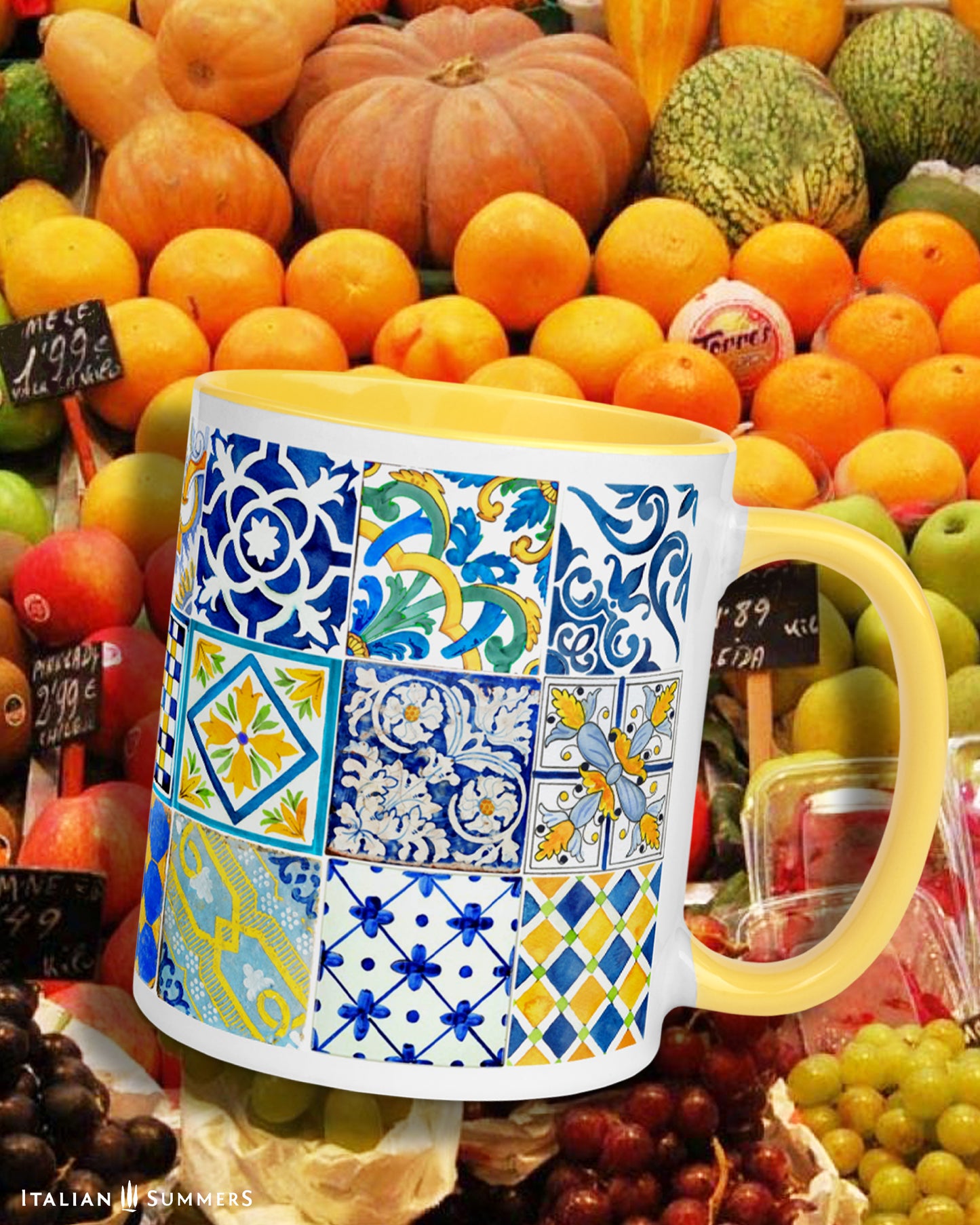 Italy inspired mug with colorful Italian Sicilian tiles on all the sides oif the mug, Italian Sicilian tiles with main colors blue and yellow, 3 rows of Sicilian Italian maiolica tiles. Inside and handle of the mug available in yellow and blue. Made by Italian Summers.