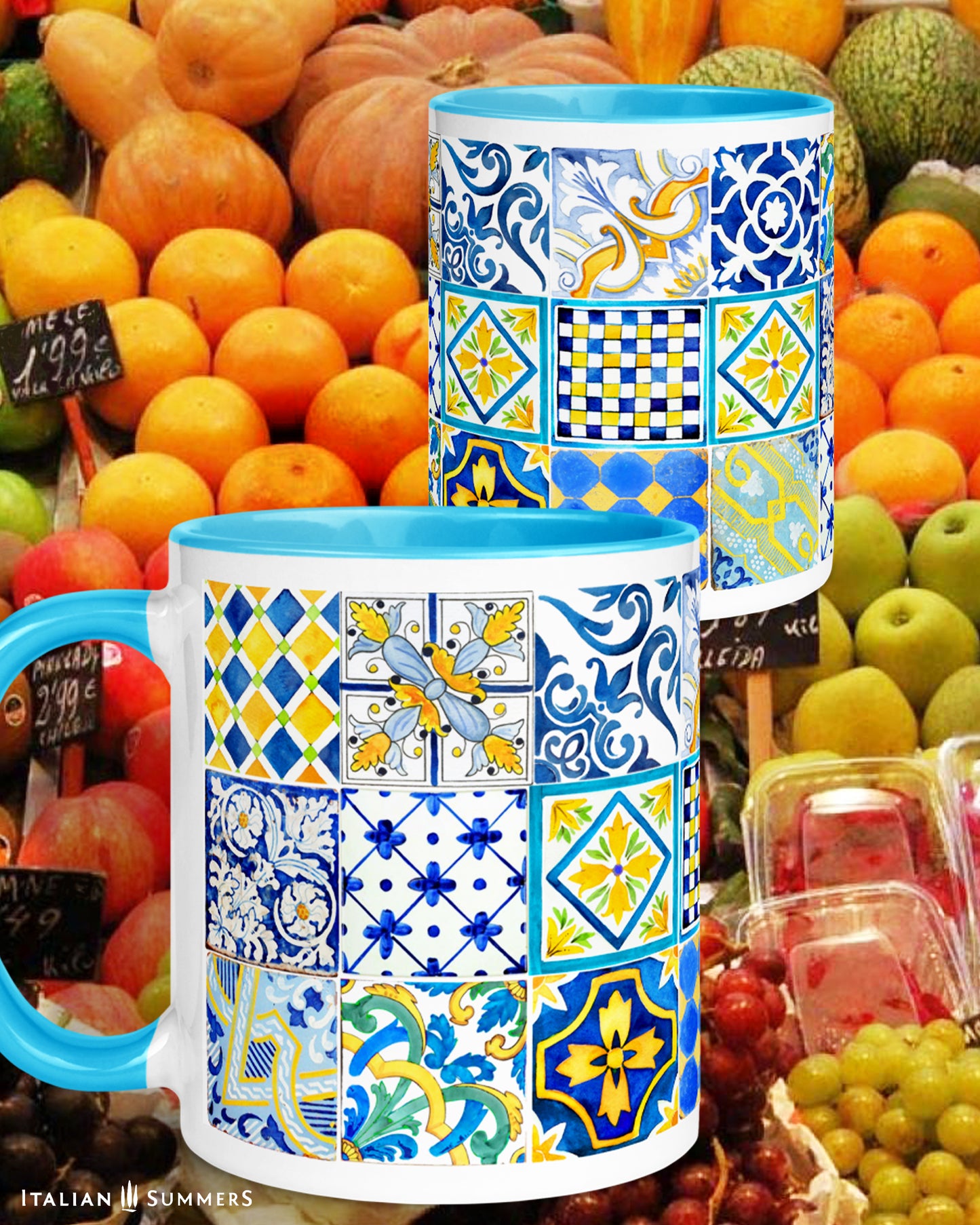 Italy inspired mug with colorful Italian Sicilian tiles on all the sides oif the mug, Italian Sicilian tiles with main colors blue and yellow, 3 rows of Sicilian Italian maiolica tiles. Inside and handle of the mug available in yellow and blue. Made by Italian Summers.