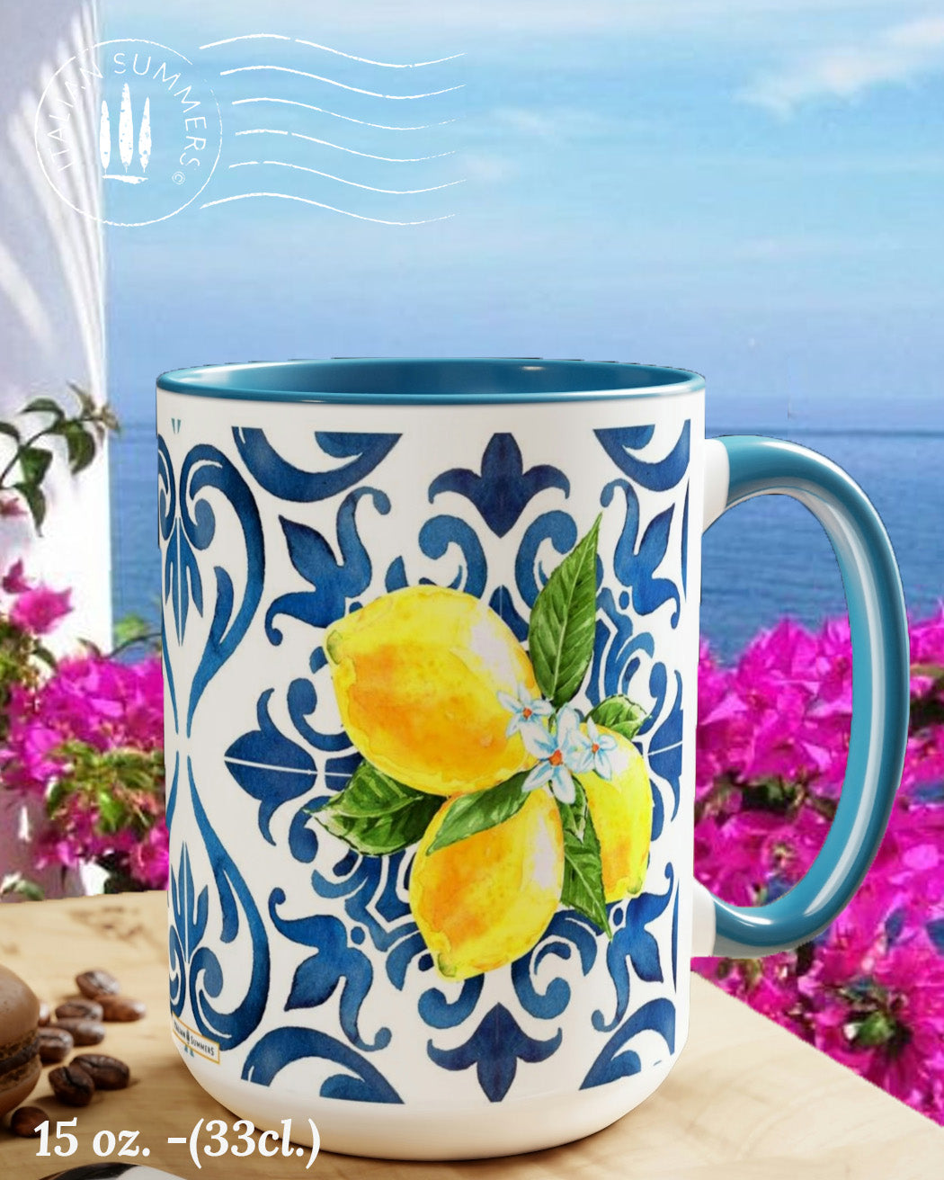 Italy inspired white ceramic mug with blue hande and interior. Italian blue tile pattern printed on the outside with bunches of sunny Sorrento lemons with flowers . Made by Italian Summers