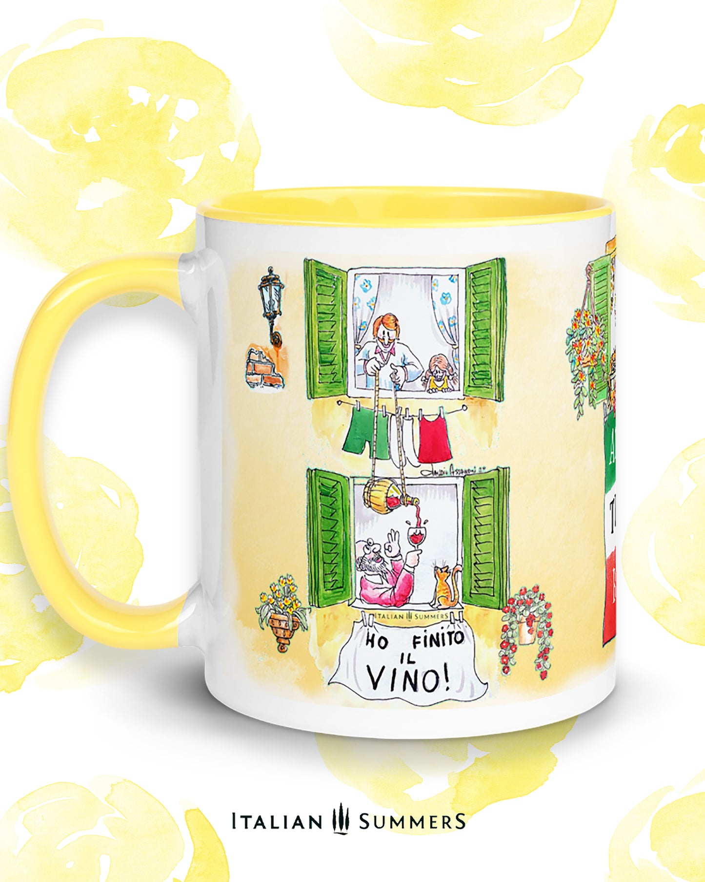 Italy inspired mug with sketches of Italian lifestyle. A sketch of two Italian windows where the downstairs neighbour is without vino. He holds the glas up,  out of the window and the upstairs neughbour lowers a flask of good Chinti wine to share some good cheer. Italian solidarity at play! :-) The mug has a yellow or red inside/handle. Made by Italian Summers