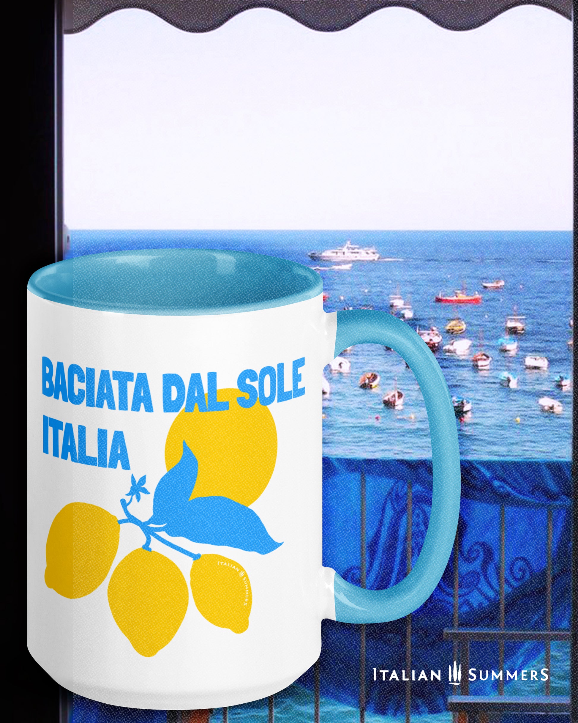 Italian inspired mug with the text Baciata dal Sole with the word Italian under it. Freaturing a stylized with Amalfi coast lemons and the sun. Available whith a blue or a yellow insidean handle. Designed and sold by Italian  Summers