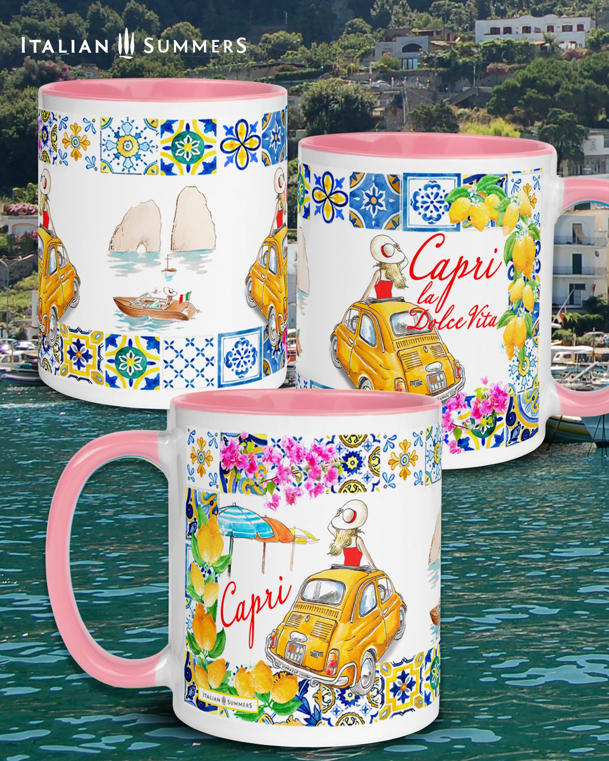 Capri inspired coffee mug with sketches of a yellow Cinquecento, the Faraglioni, a Riva and colorfu colorfull beach umbrellas. The rim is of the mug is decorated with Italian tiles and lemons. There is a lady in the Cinquecento who stand out of the sunroof. She has a hat and looks at the Faraglioni. Near the Yellow Cinquecento the is the writing Capri la Dolce Vita. The coffee mug is available with a colored inside and handle in the colors blue, yellow and pink. Made by Italian Summers.