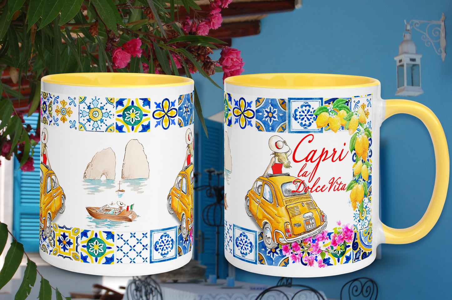 Capri inspired coffee mug with sketches of a yellow Cinquecento, the Faraglioni, a Riva and colorfu colorfull beach umbrellas. The rim is of the mug is decorated with Italian tiles and lemons. There is a lady in the Cinquecento who stand out of the sunroof. She has a hat and looks at the Faraglioni. Near the Yellow Cinquecento the is the writing Capri la Dolce Vita. The coffee mug is available with a colored inside and handle in the colors blue, yellow and pink. Made by Italian Summers.