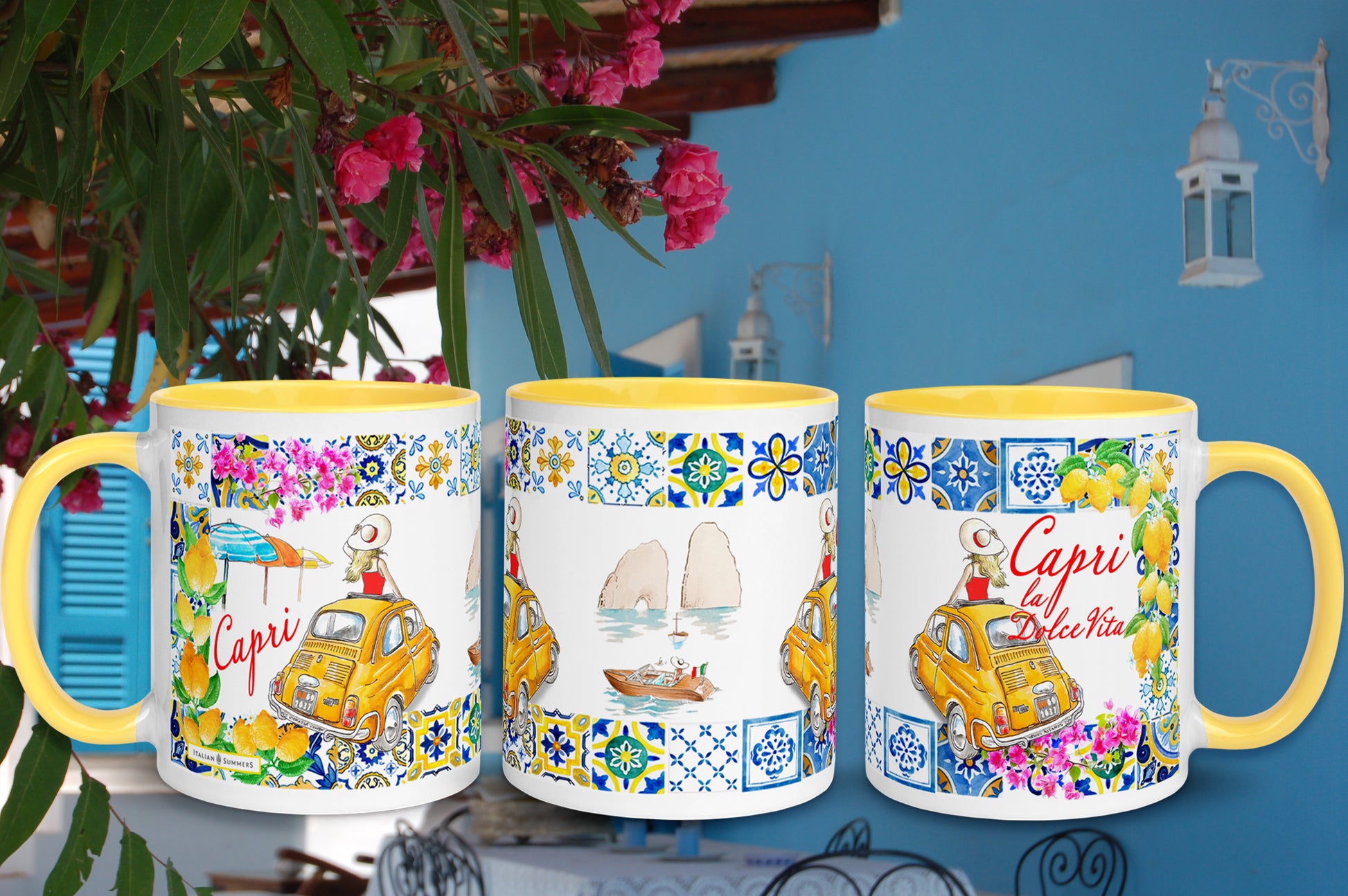 Capri inspired coffee mug with sketches of a yellow Cinquecento, the Faraglioni, a Riva and colorfu colorfull beach umbrellas. The rim is of the mug is decorated with Italian tiles and lemons. There is a lady in the Cinquecento who stand out of the sunroof. She has a hat and looks at the Faraglioni. Near the Yellow Cinquecento the is the writing Capri la Dolce Vita. The coffee mug is available with a colored inside and handle in the colors blue, yellow and pink. Made by Italian Summers.