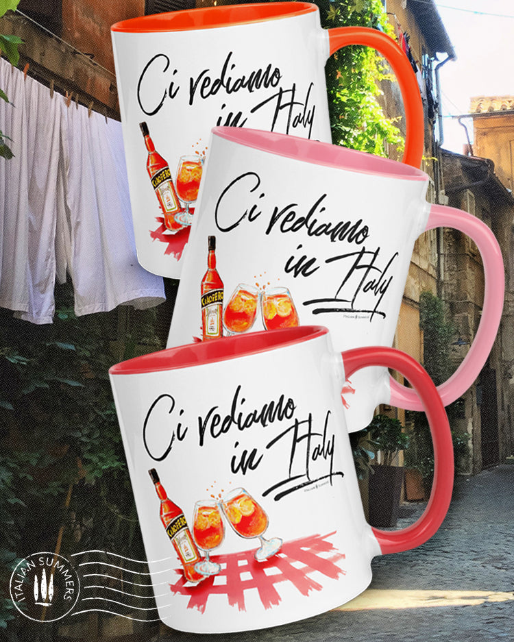 Mug "Ci vediamo in Italy" by Italian Summers! It represents a colorful sketch of a checkered tablecloth with a bottle and glasses of Aperol Spritz which gives you the Italian osteria vibes. And the quote Ci vediamo in Italy which means 'See you in Italy" Available in red, pink,, orange. By Italian Summers