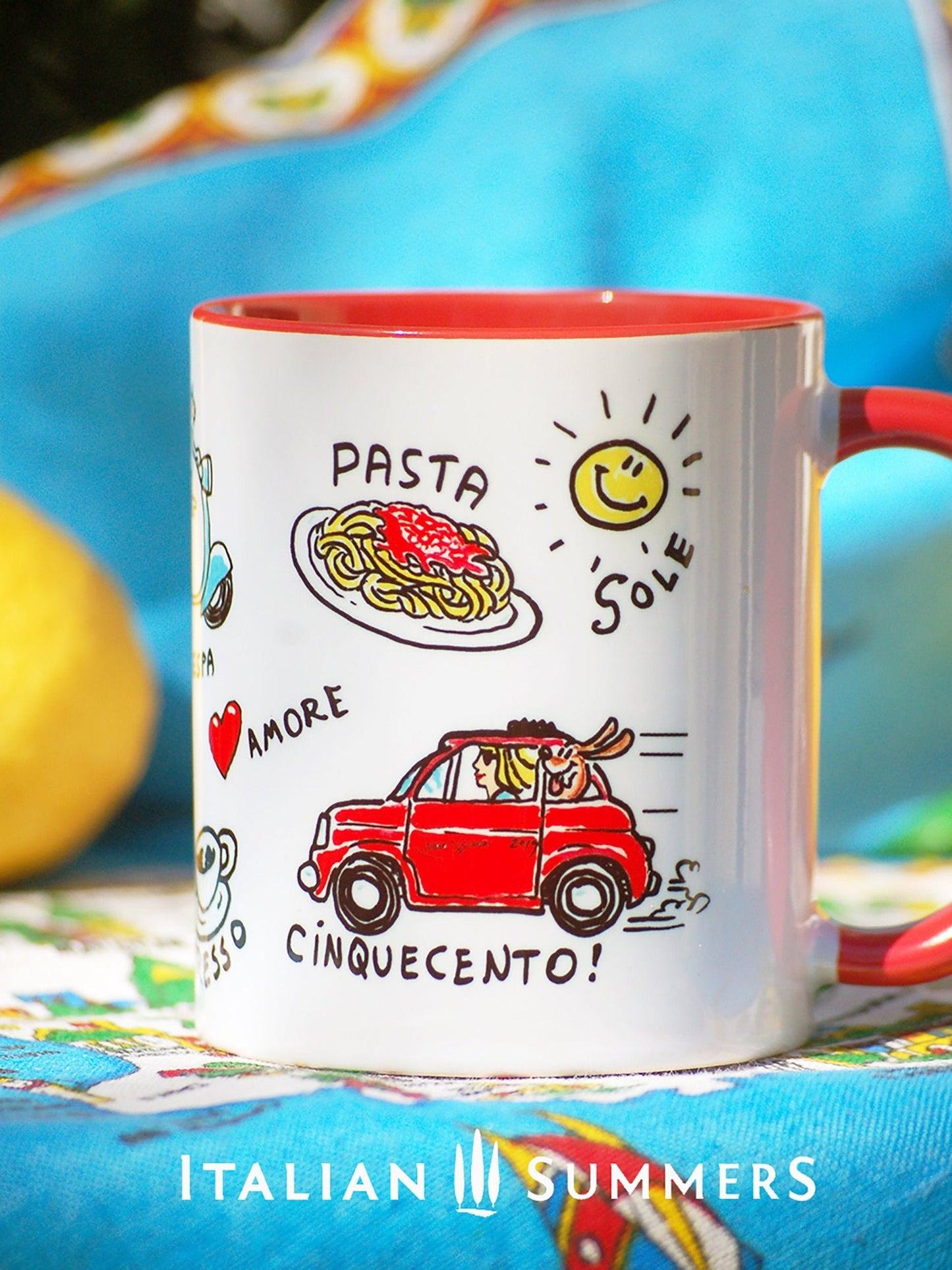 This high-quality mug will have you feeling like you've been transported to the beautiful Italian countryside with its selection of sketches depicting Italy's iconic vita Italiana - like pasta, Vespa, sole, amore, vintage Fiat 500, gelato, vino, pizza espresso and the quote, 'Just take me to Italy'!