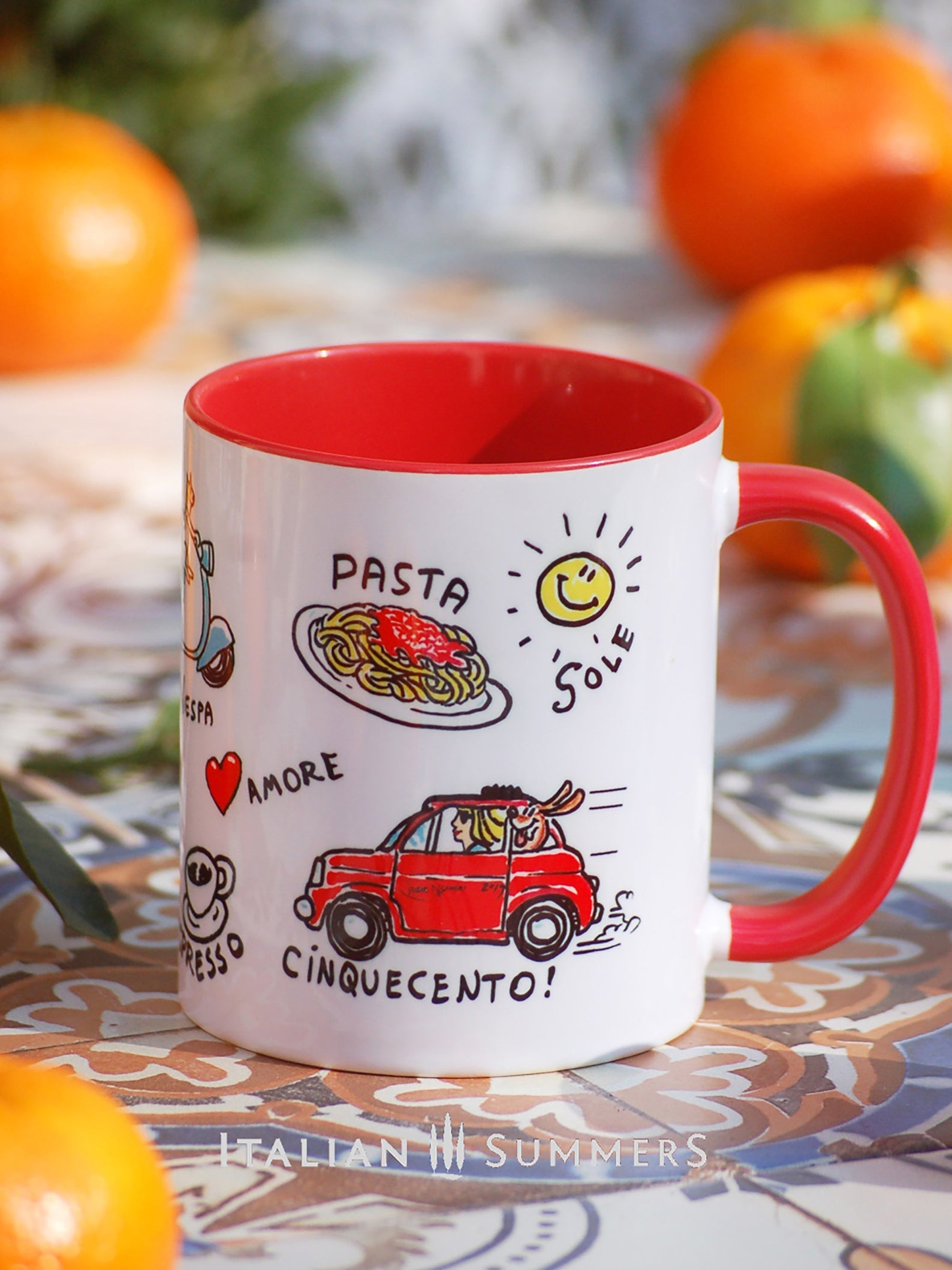 This high-quality mug will have you feeling like you've been transported to the beautiful Italian countryside with its selection of sketches depicting Italy's iconic vita Italiana - like pasta, Vespa, sole, amore, vintage Fiat 500, gelato, vino, pizza espresso and the quote, 'Just take me to Italy'!