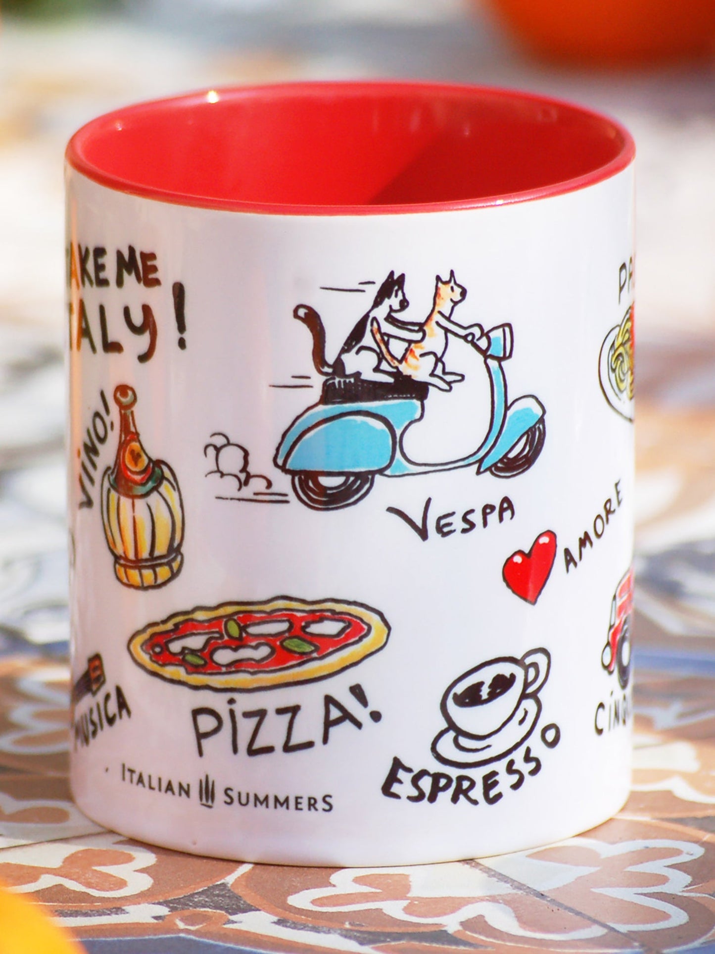 This high-quality mug will have you feeling like you've been transported to the beautiful Italian countryside with its selection of sketches depicting Italy's iconic vita Italiana - like pasta, Vespa, sole, amore, vintage Fiat 500, gelato, vino, pizza espresso and the quote, 'Just take me to Italy'!
