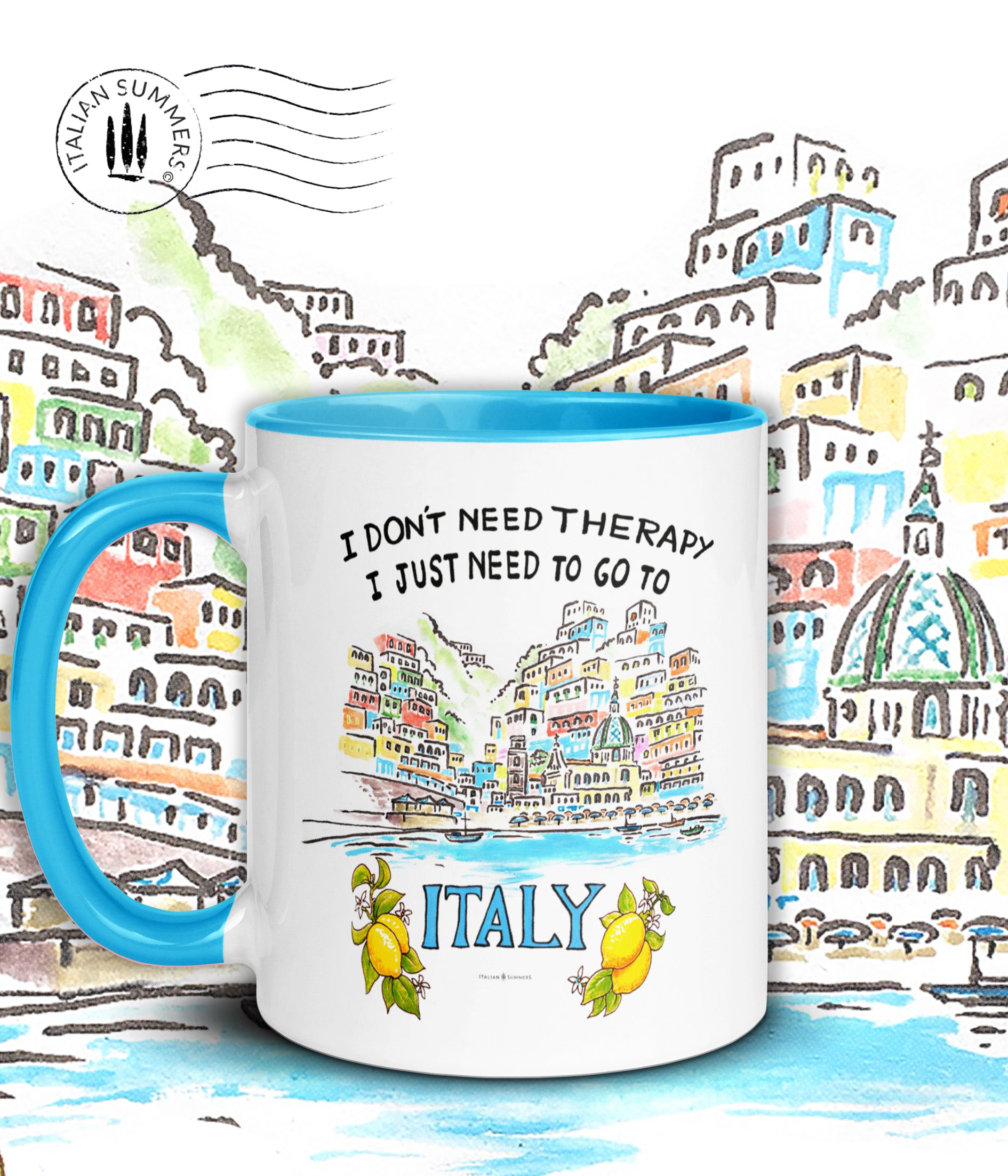 Italy mug inspired by the beauty of Italy's riviera's. The mug has the quote I don't need therapy, I just need to go to italy"The quote is accompagnied wit a sketch of Positano seen from the Mediterranean sea. The sketch is a water clolor sketch filled with ice cream colored houses and a part of the beach with beach umbrellas. Printed on 2 sides. The inside/handle of the mug is available in pink, blue, yellow and orange,...just like ice cream. :-) Made by Italian Summers