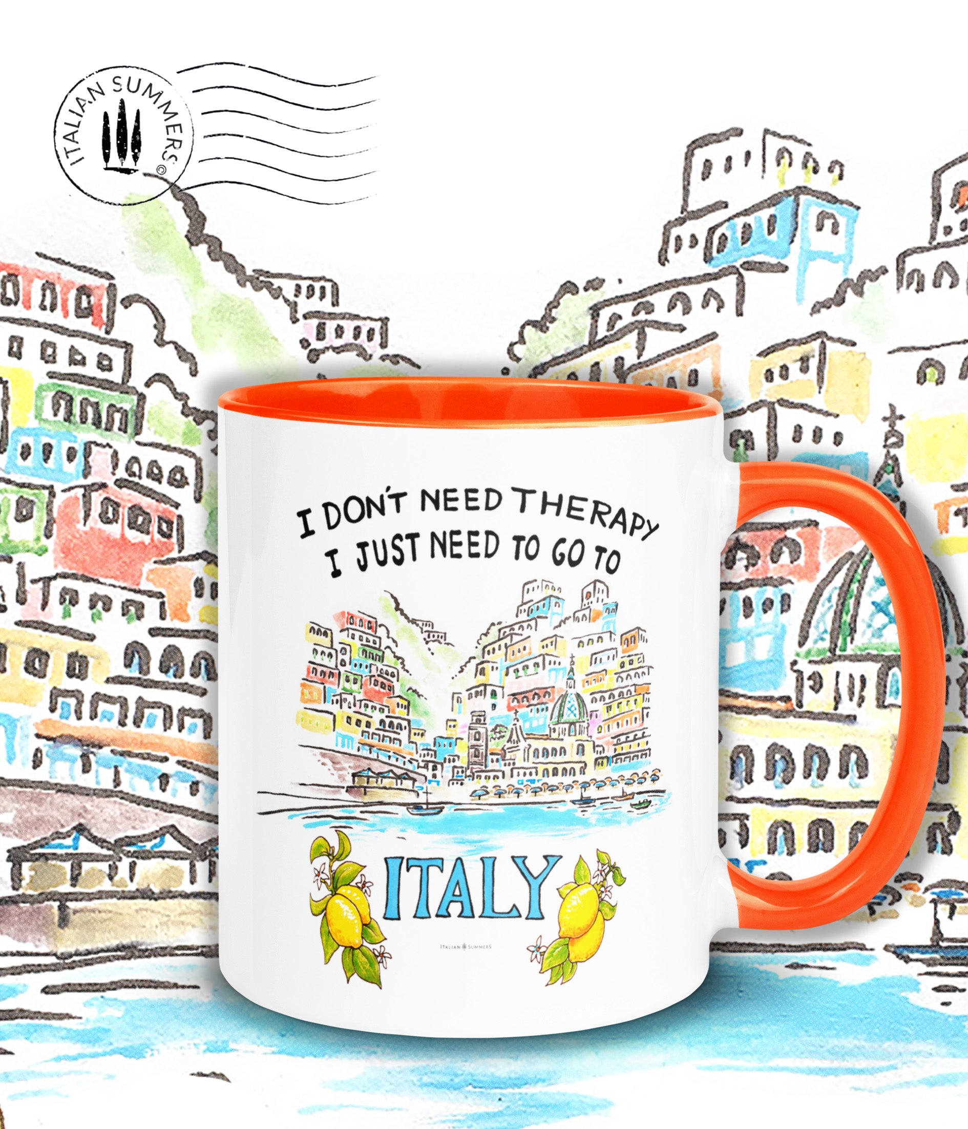 Italy mug inspired by the beauty of Italy's riviera's. The mug has the quote I don't need therapy, I just need to go to italy"The quote is accompagnied wit a sketch of Positano seen from the Mediterranean sea. The sketch is a water clolor sketch filled with ice cream colored houses and a part of the beach with beach umbrellas. Printed on 2 sides. The inside/handle of the mug is available in pink, blue, yellow and orange,...just like ice cream. :-) Made by Italian Summers