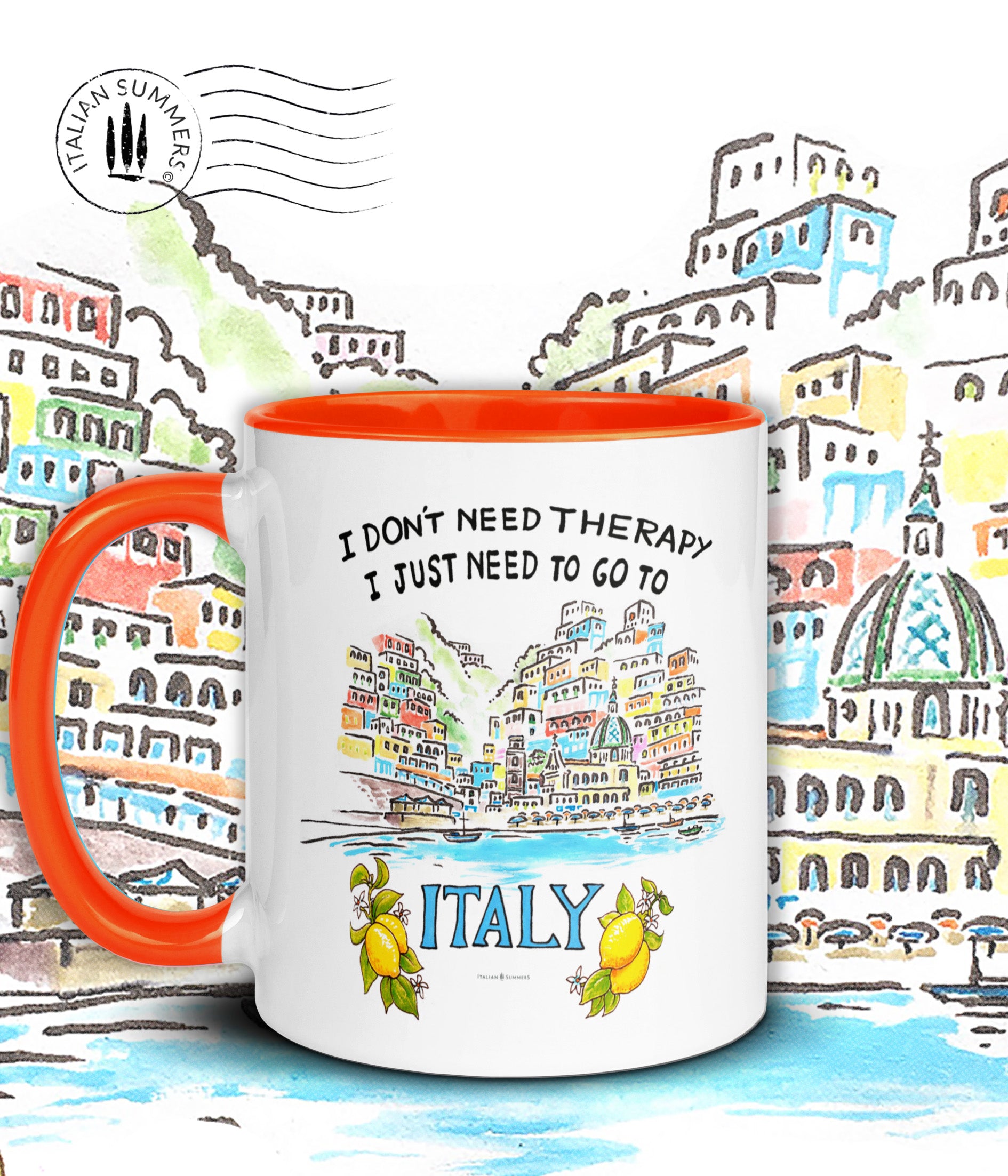 Italy mug inspired by the beauty of Italy's riviera's. The mug has the quote I don't need therapy, I just need to go to italy"The quote is accompagnied wit a sketch of Positano seen from the Mediterranean sea. The sketch is a water clolor sketch filled with ice cream colored houses and a part of the beach with beach umbrellas. Printed on 2 sides. The inside/handle of the mug is available in pink, blue, yellow and orange,...just like ice cream. :-) Made by Italian Summers