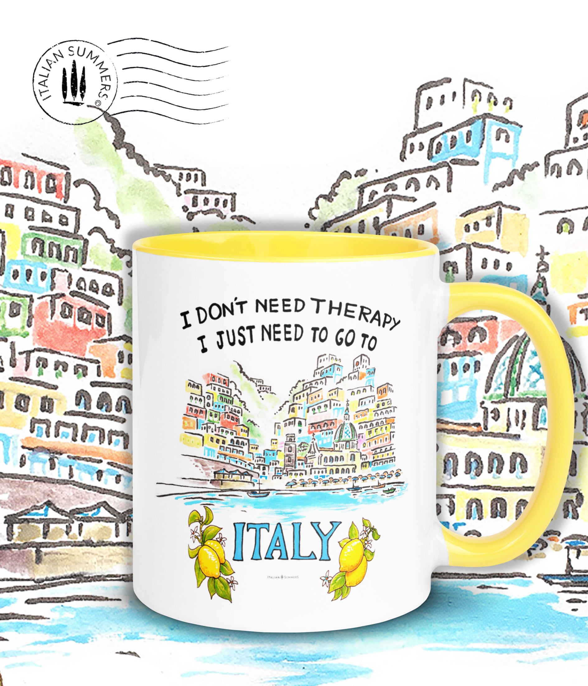 Italy mug inspired by the beauty of Italy's riviera's. The mug has the quote I don't need therapy, I just need to go to italy"The quote is accompagnied wit a sketch of Positano seen from the Mediterranean sea. The sketch is a water clolor sketch filled with ice cream colored houses and a part of the beach with beach umbrellas. Printed on 2 sides. The inside/handle of the mug is available in pink, blue, yellow and orange,...just like ice cream. :-) Made by Italian Summers