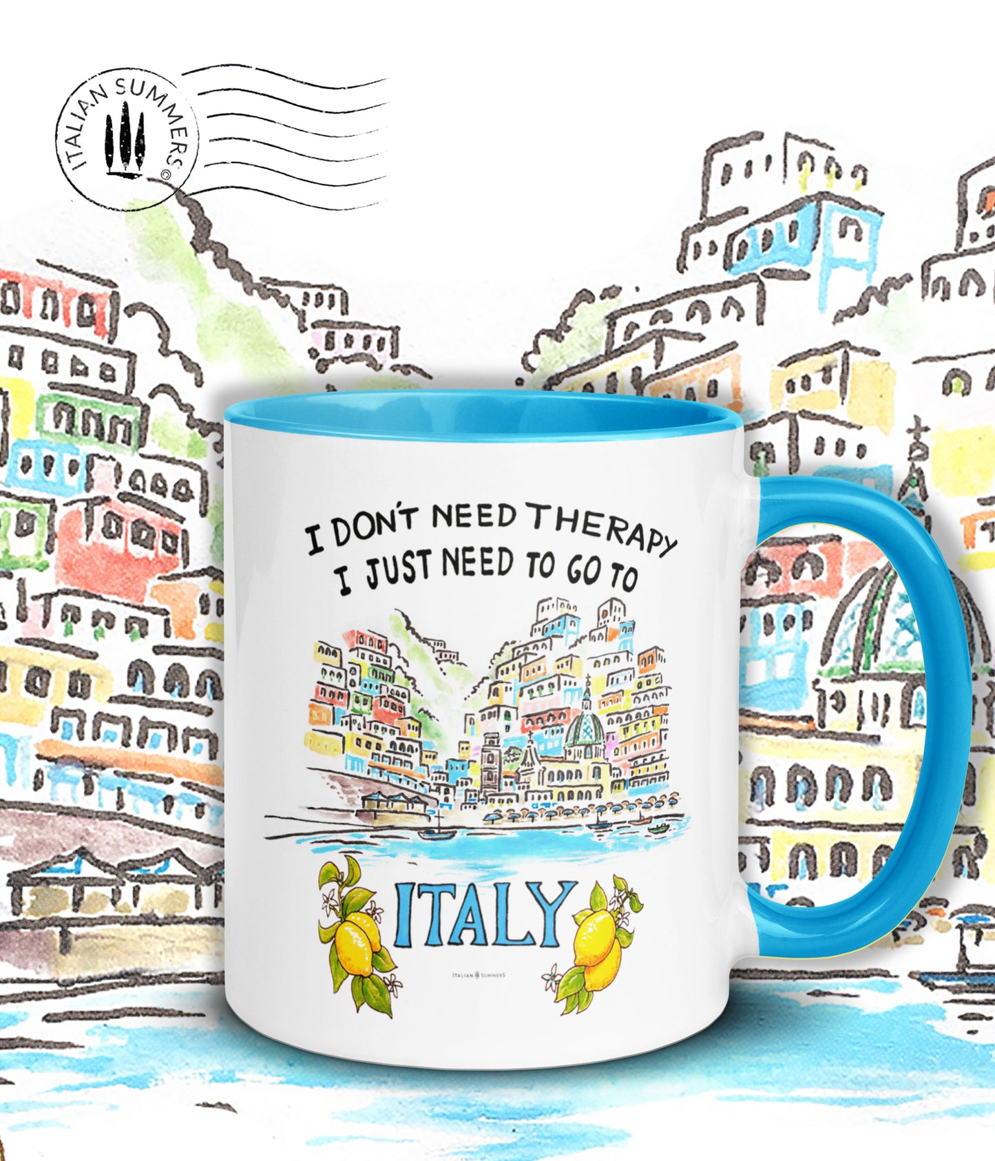 Italy mug inspired by the beauty of Italy's riviera's. The mug has the quote I don't need therapy, I just need to go to italy"The quote is accompagnied wit a sketch of Positano seen from the Mediterranean sea. The sketch is a water clolor sketch filled with ice cream colored houses and a part of the beach with beach umbrellas. Printed on 2 sides. The inside/handle of the mug is available in pink, blue, yellow and orange,...just like ice cream. :-) Made by Italian Summers