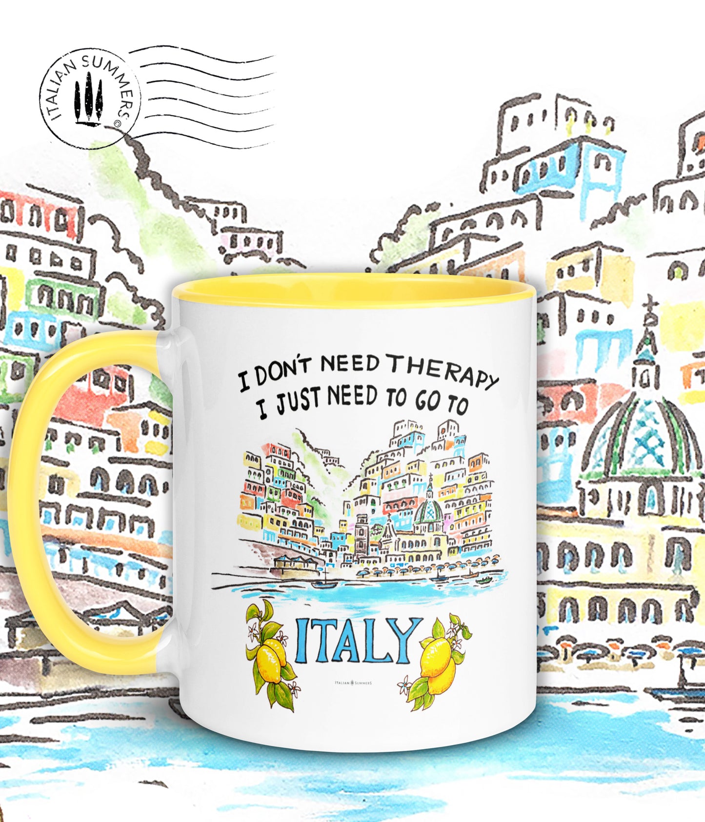 Italy mug inspired by the beauty of Italy's riviera's. The mug has the quote I don't need therapy, I just need to go to italy"The quote is accompagnied wit a sketch of Positano seen from the Mediterranean sea. The sketch is a water clolor sketch filled with ice cream colored houses and a part of the beach with beach umbrellas. Printed on 2 sides. The inside/handle of the mug is available in pink, blue, yellow and orange,...just like ice cream. :-) Made by Italian Summers