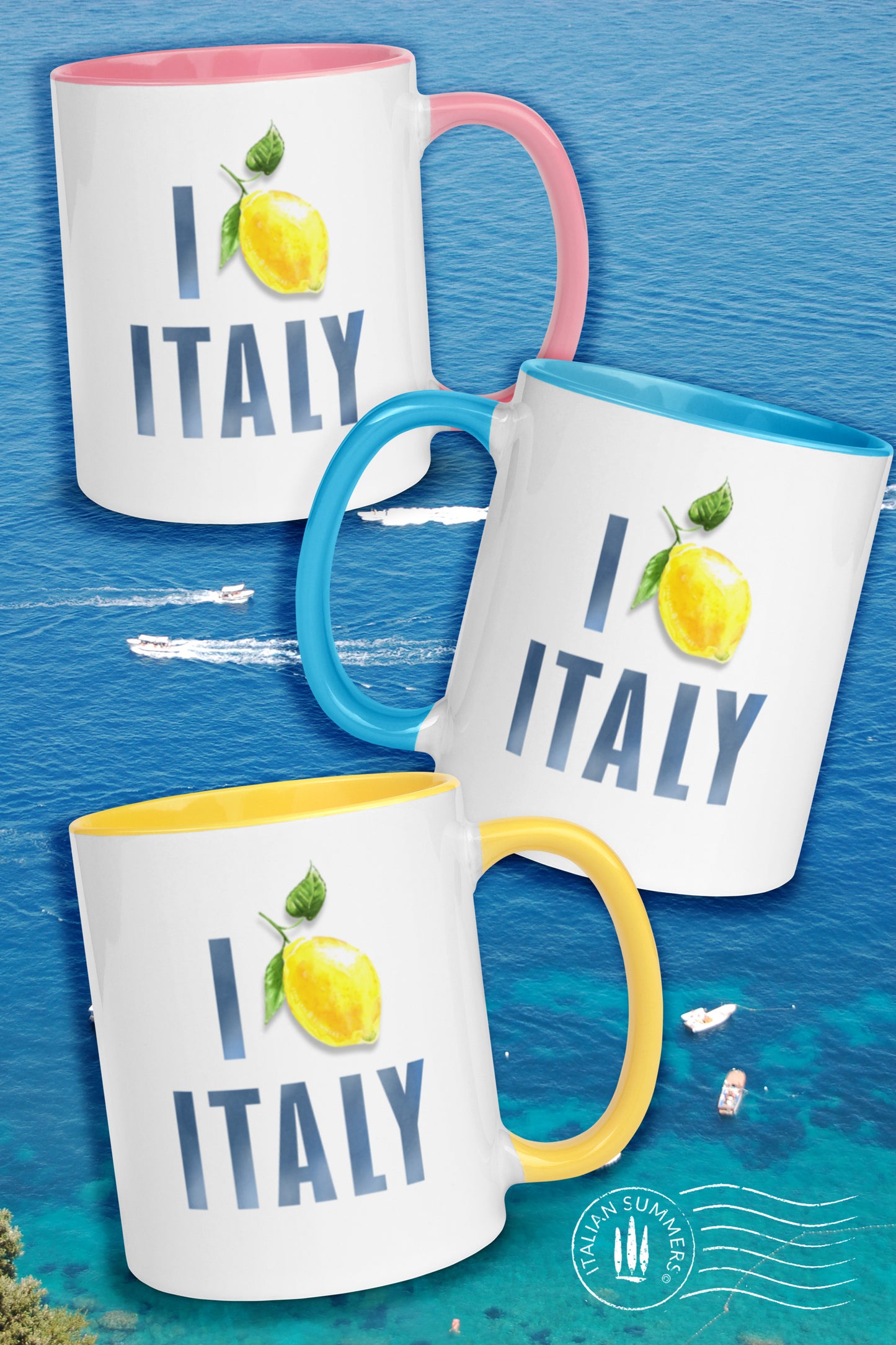 Italy inspired mug with the text I love Italy. The word love has been replaced with a nice Amalfi coast lemon. The text is in a slightly faded navy blue. The mug is available in yellow, blue and pink. Printed on both sides. Made by Italian Summers.