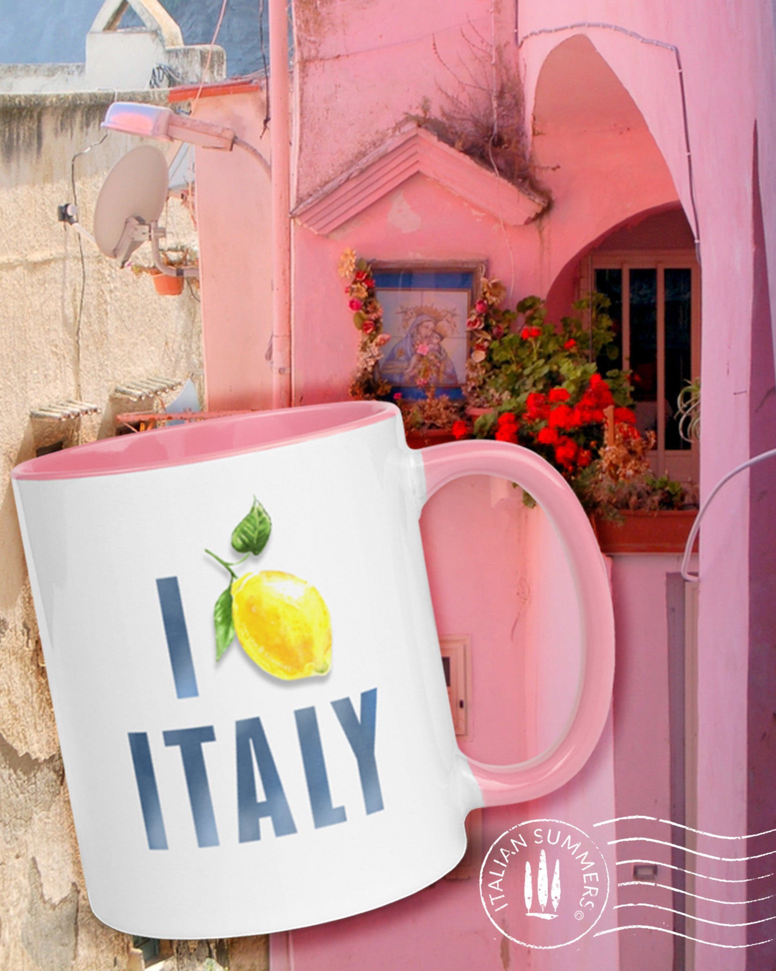Italy inspired mug with the text I love Italy. The word love has been replaced with a nice Amalfi coast lemon. The text is in a slightly faded navy blue. The mug is available in yellow, blue and pink. Printed on both sides. Made by Italian Summers.