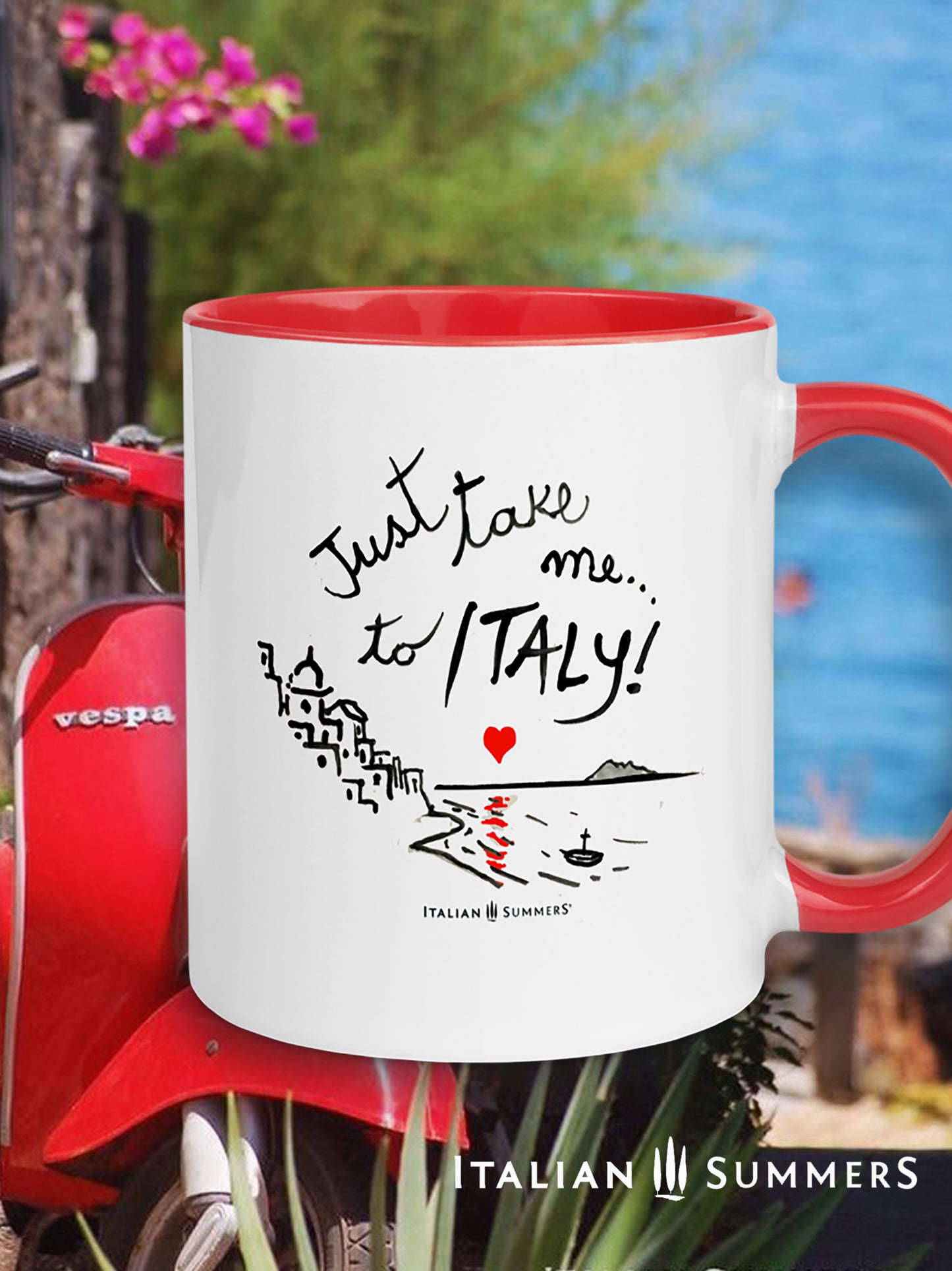 Italy inspired coffee mug decorared with the handwritten quote "Just take me to Italy" and a sketch of the Italian Riviera, aboce the sea the is a little red heart that reflects itself on the mediterranean sea. This mug comes with a blue, red, or yello inside and handle