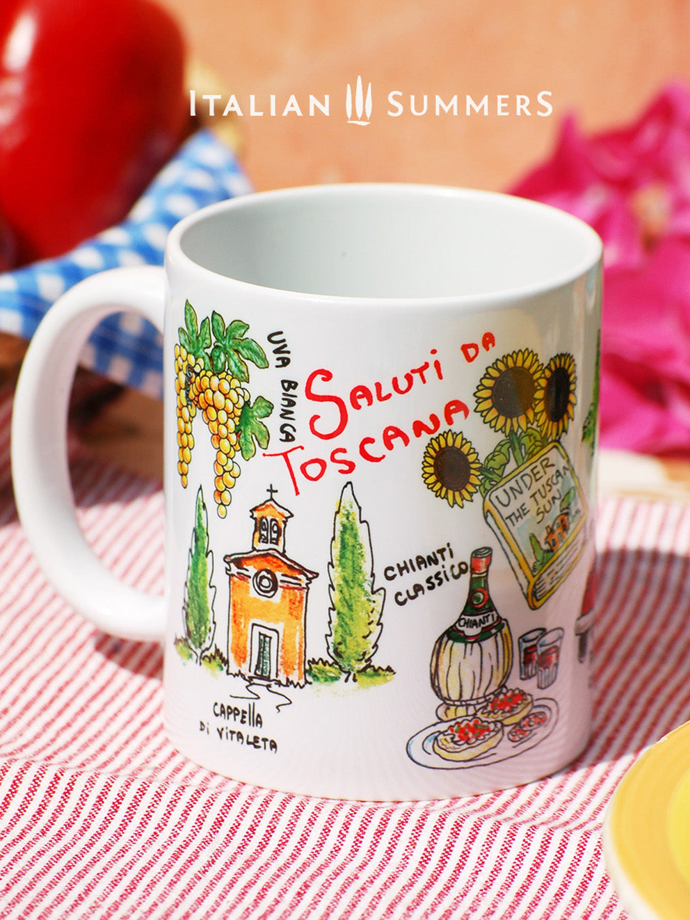 Italy | Tuscany inspired coffee mug with sketches of Tuscany how you would like it to be! A sketch of Villa Belvedere with cipresses, a red vintage Fiat 500 cabrio, hanging grape bunches, a wooden wine barrel, the book Under the Tuscan sun with sunflowers next to it. A big flask of Chianti classico and bruschette and the little chapel Vitaleta. By the way, of course on the wine barel there is a cat sleeping!