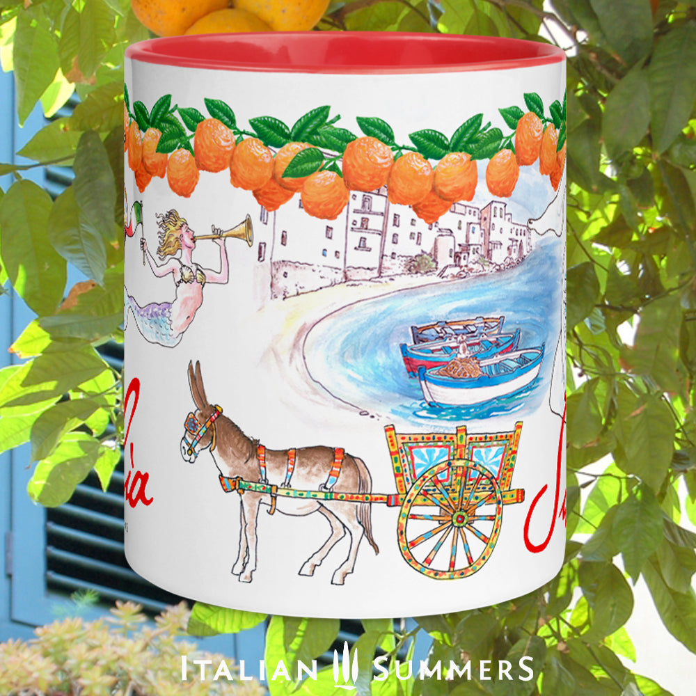 Sicily inspired mug with sketches of the seaside town Cefalu, a trinacria, a Sicilian caretto with of course a cute little donkey , a moore head and a mermaid. On the rim there is a garland of Sicilian oranges. Sicilia is written on the mug in a red handwriting