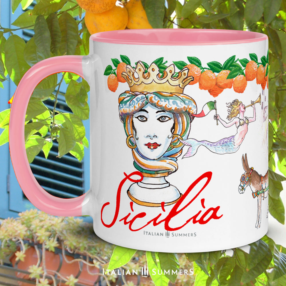 Sicily inspired mug with sketches of the seaside town Cefalu, a trinacria, a Sicilian caretto with of course a cute little donkey , a moore head and a mermaid. On the rim there is a garland of Sicilian oranges. Sicilia is written on the mug in a red handwriting