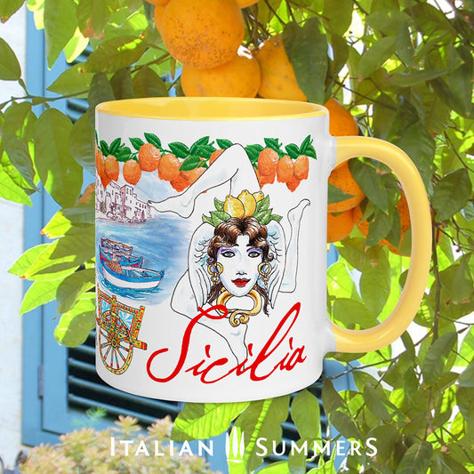 Sicily inspired mug with sketches of the seaside town Cefalu, a trinacria, a Sicilian caretto with of course a cute little donkey , a moore head  and a mermaid. On the rim there is a garland of Sicilian oranges. Sicilia is written on the mug in a red handwriting