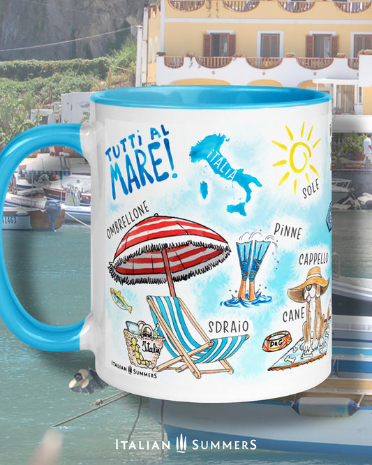 Italy-inspired beach-themed white ceramic mug with blue or yellow colored handle and interior.. On the mug are printed Italian beach classics with their Italian names, beach-chairs, umbrellas, straw bags, flipper, a cute dog with a straw hat on a blanket,  Sorrento lemons, little colorful fishes, etc. Made by Italian Summers