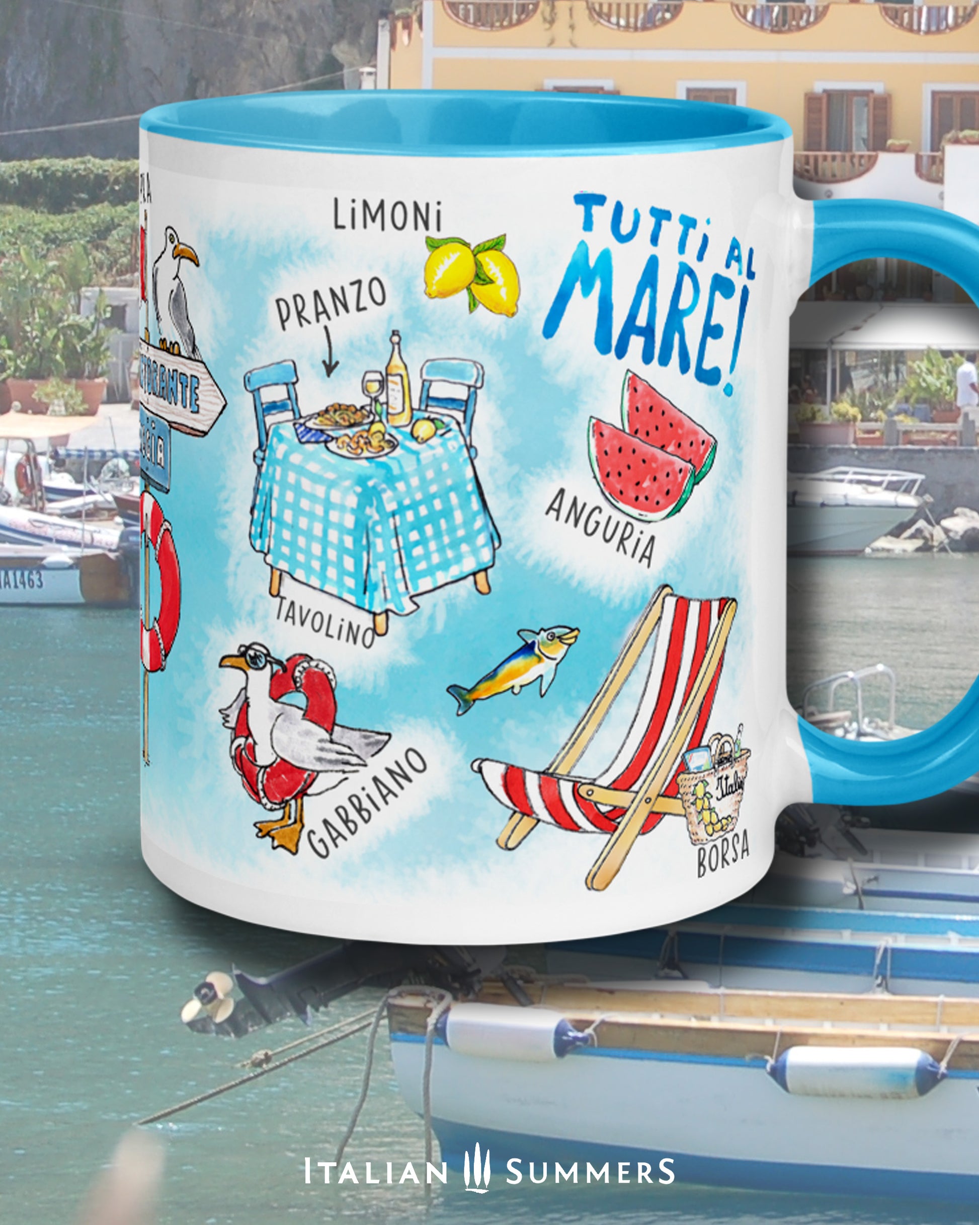 Italy-inspired beach-themed white ceramic mug with blue or yellow colored handle and interior.. On the mug are printed Italian beach classics with their Italian names, beach-chairs, umbrellas, straw bags, flipper, a cute dog with a straw hat on a blanket,  Sorrento lemons, little colorful fishes, etc. Made by Italian Summers