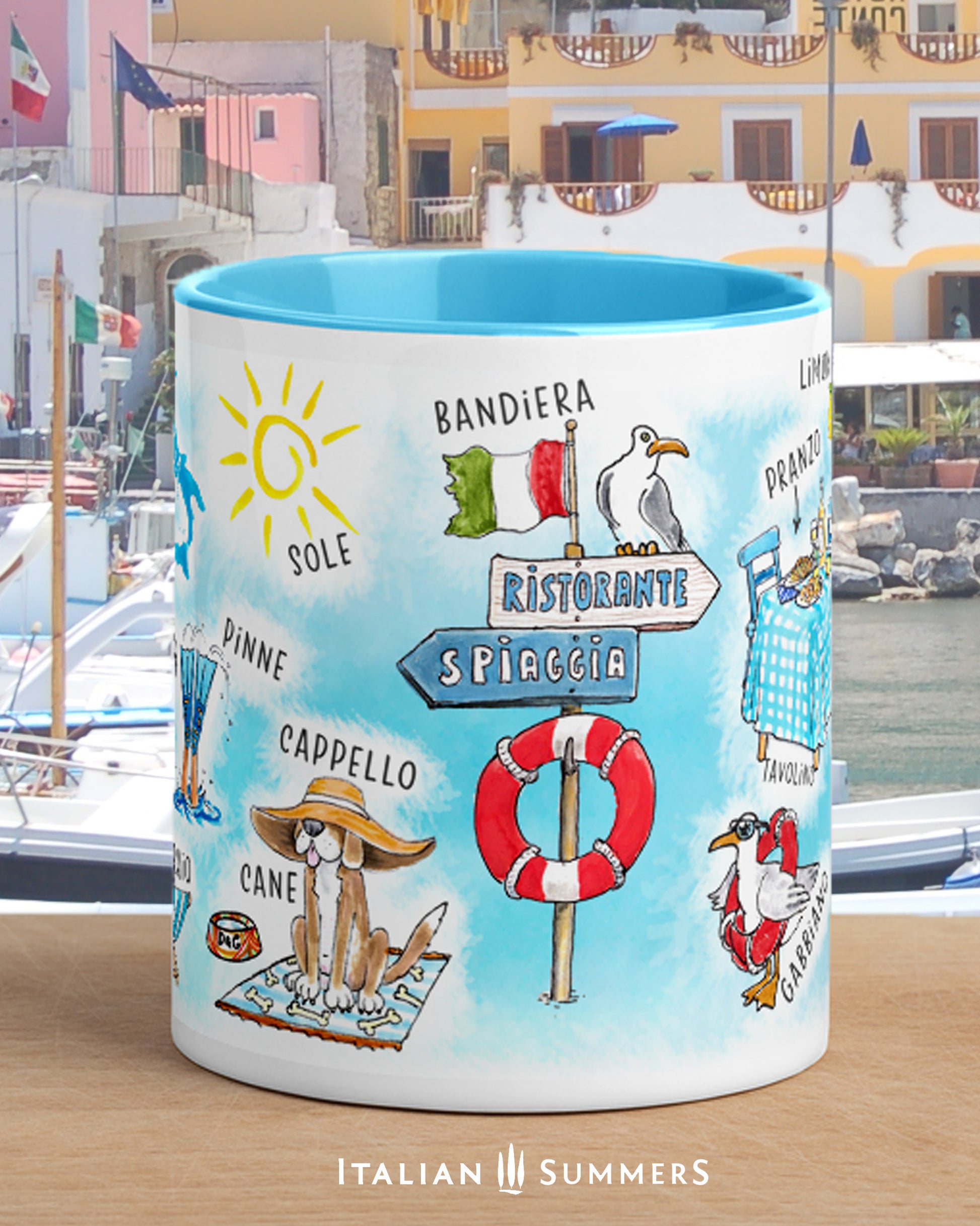 Italy-inspired beach-themed white ceramic mug with blue or yellow colored handle and interior.. On the mug are printed Italian beach classics with their Italian names, beach-chairs, umbrellas, straw bags, flipper, a cute dog with a straw hat on a blanket,  Sorrento lemons, little colorful fishes, etc. Made by Italian Summers