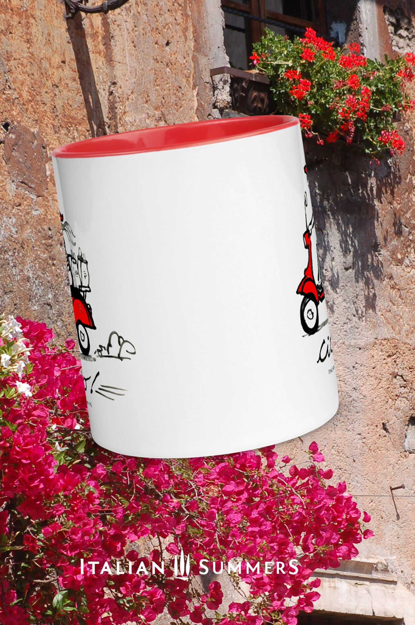 Italy inspired mug with a sketch of a lady with long hair and a red hat driving a red Italian vintage scooter. On the back of the scooter she has her shopping bags. The lady and the Vespa are seen from the side. Under the Italian sketch is the word Ciao! in black handwriting. The mug has a red color inside and a red handle. Made by Italian Summers.