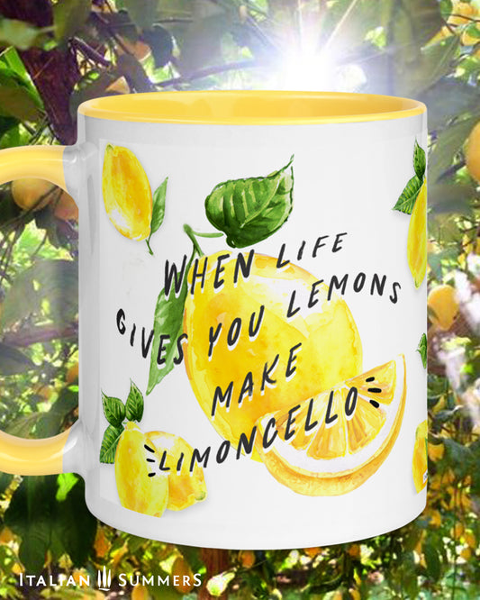 Italian inspired mug with happy lemons and lemons slices and the quote "When life gives you lemons make limoncello" The mugs are available with a yellow inside and handle or in white. Print wraps all around. Made by Italian Summers 