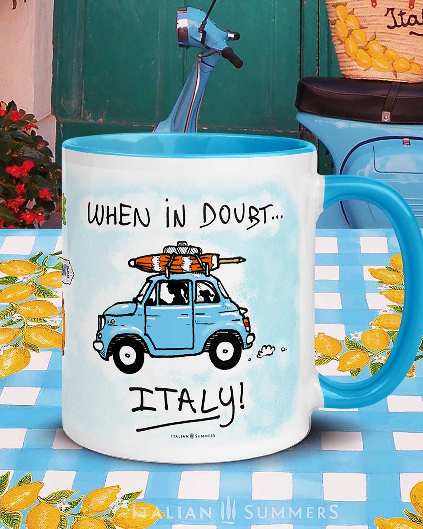 Italy inspired coffee mug with the handwritten quote 'When in doubt, Italy'. There is  a sketch on both sides of the mug of an aqua blue Cinquecento which has a closed beach umbrella on top of the car. A lady is drivng the car and there is a little dog in the back of the car with floppy ears. Made by Italian Summers