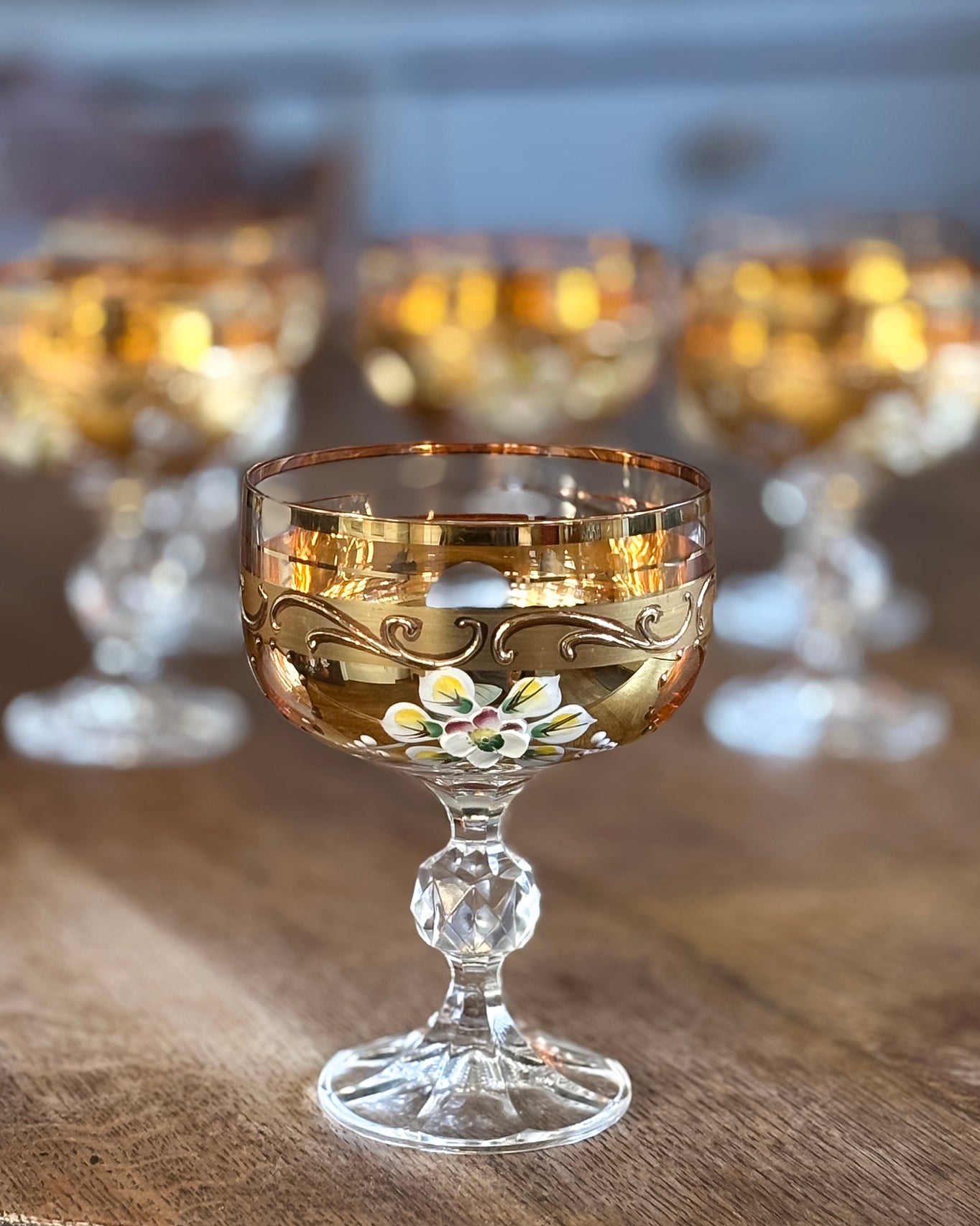 Vintage Italian Wine Glasses with Gold Rim & Hand-Painted Enamel Flowers – Set of 6